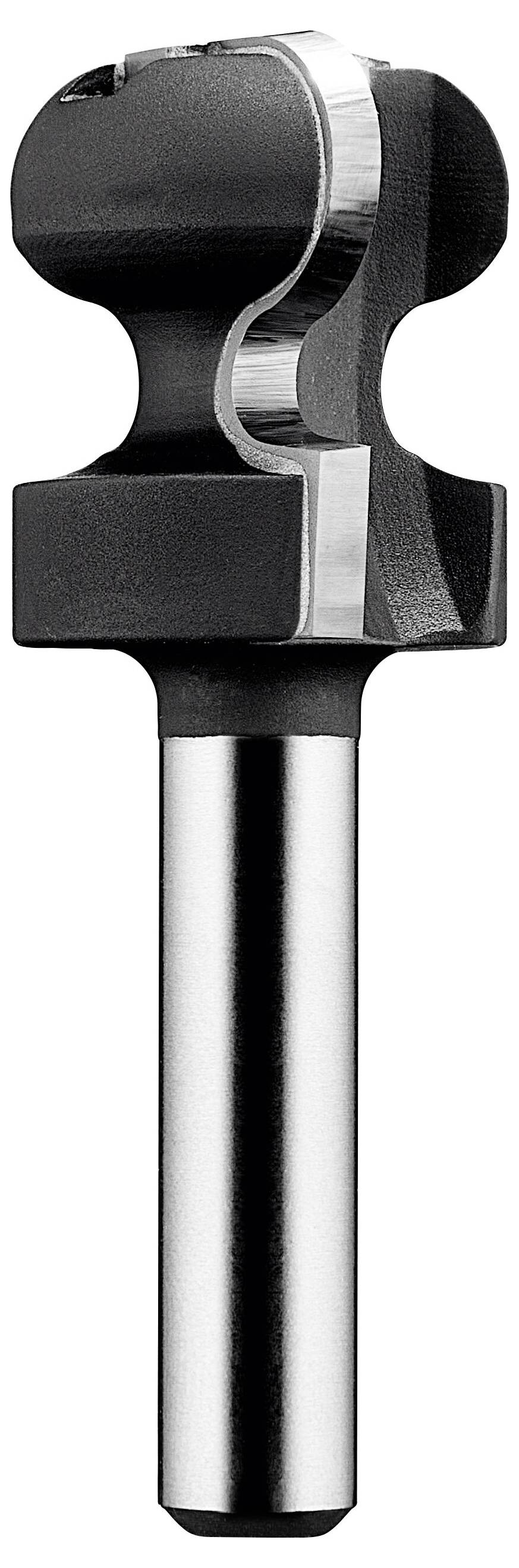 Fekete és ezüst színű marófej lekerekítő vágóprofillal, amelyet fafeldolgozási projekteken sima élek létrehozásához használnak.