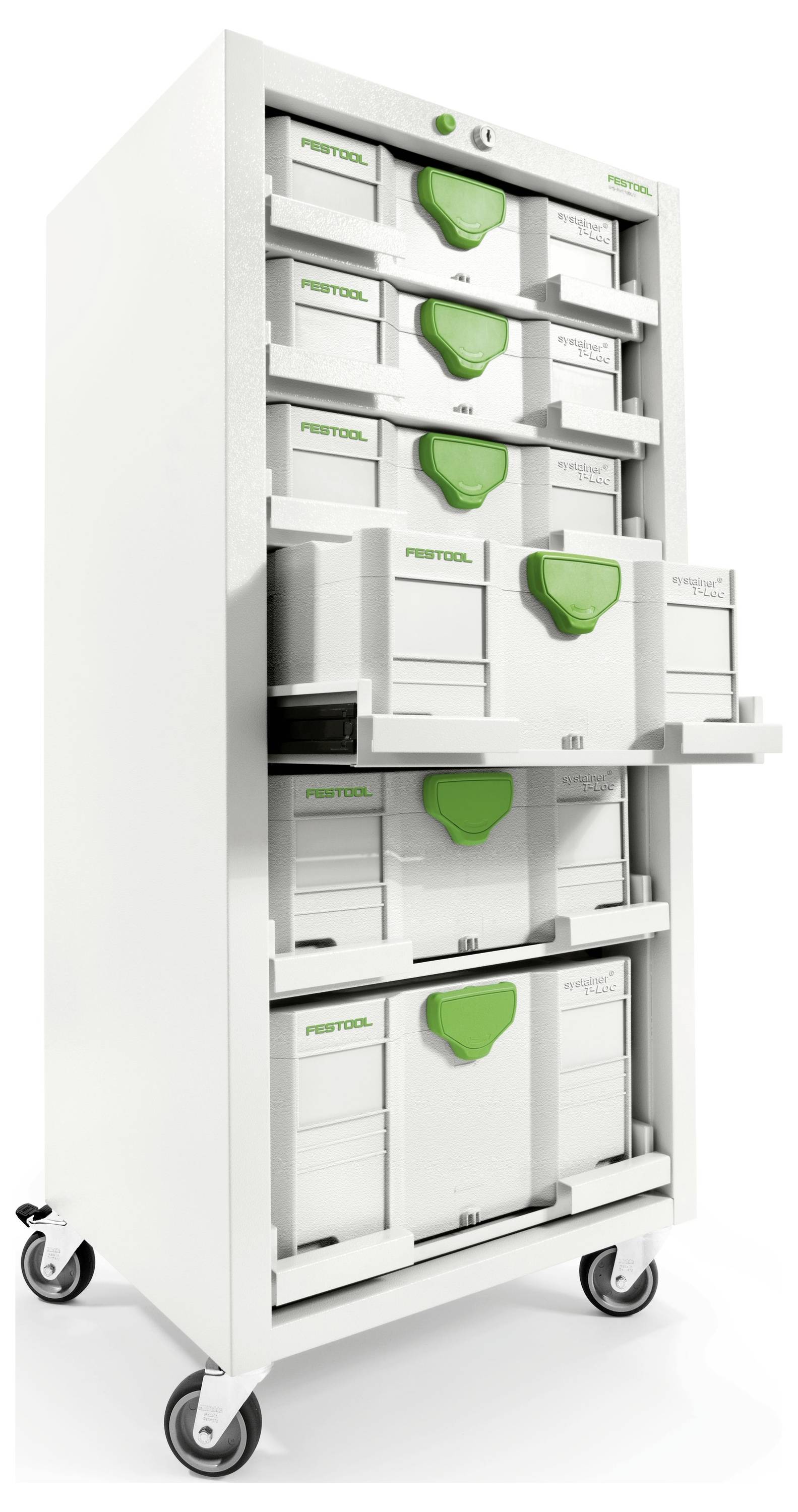 Magas fehér mobil tárolószekrény több feliratozott fiókkal és zöld fogantyúkkal, kerekekkel az easy mobilitáshoz és szervezéshez.