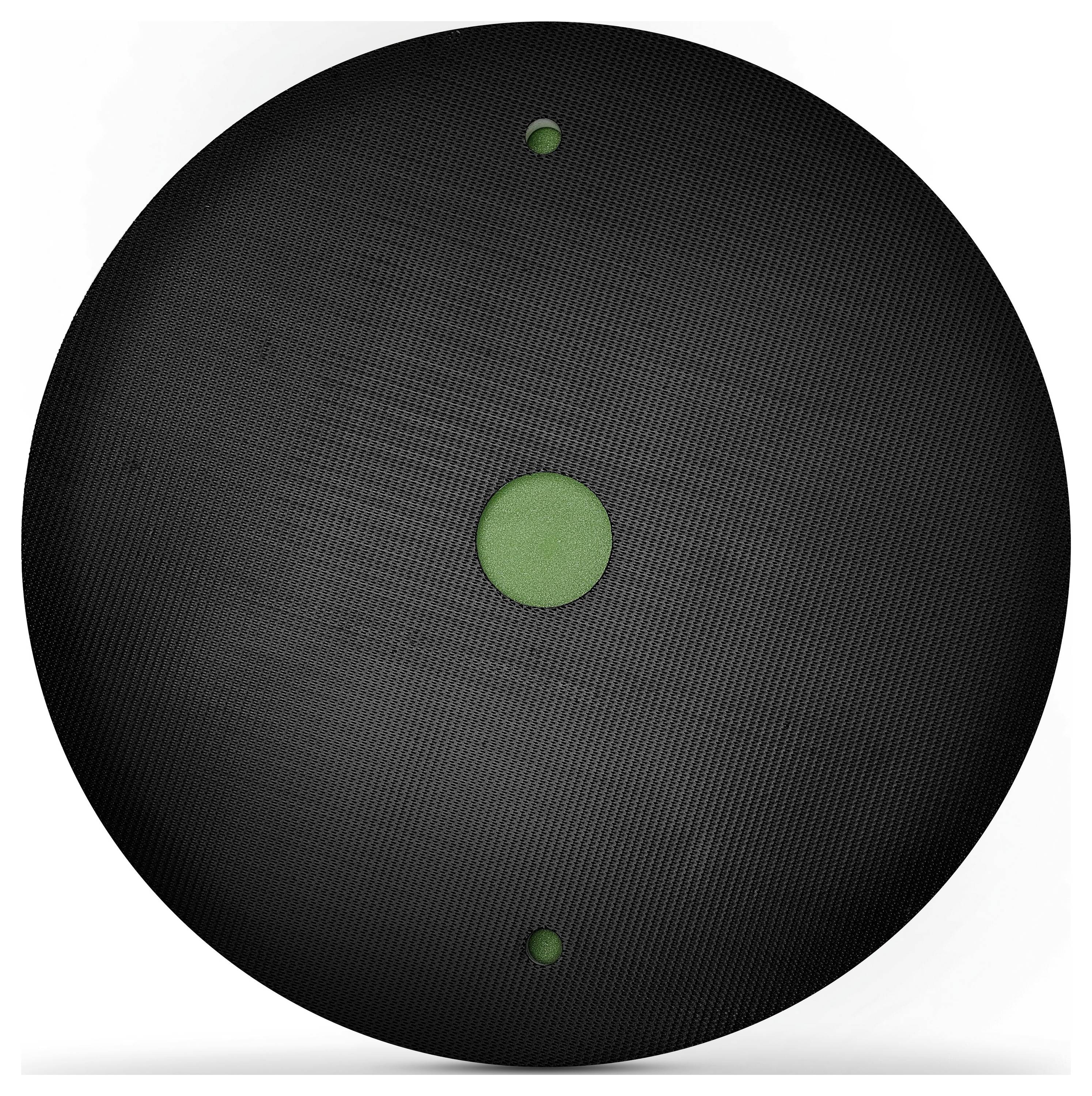 Egy fekete korong textúrázott felülettel, amely egy központi és két perifériás zöld kör alakú jelöléssel rendelkezik.