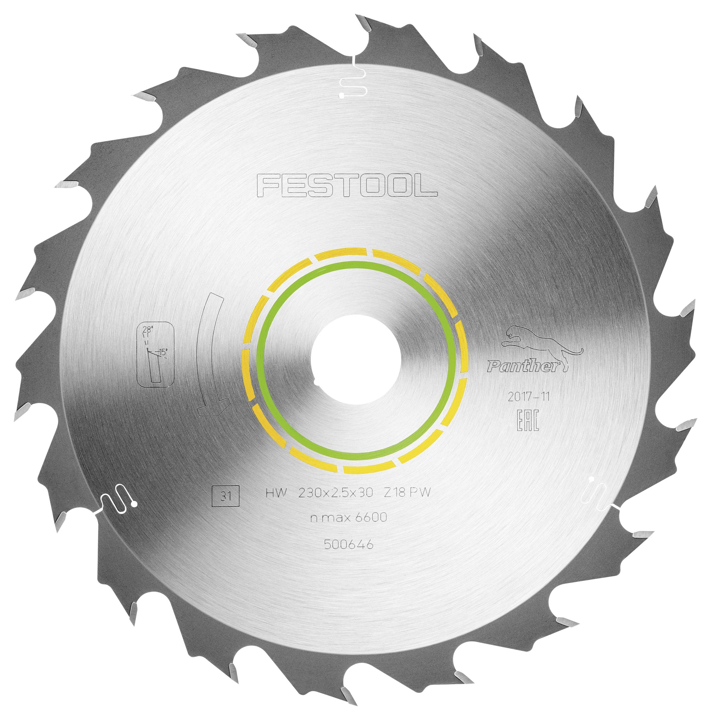 Körfűrészlap éles fogakkal, „Festool" felirattal. A jelölések a következő méreteket jelzik: 230x2,5x30, modellszám: 500646.