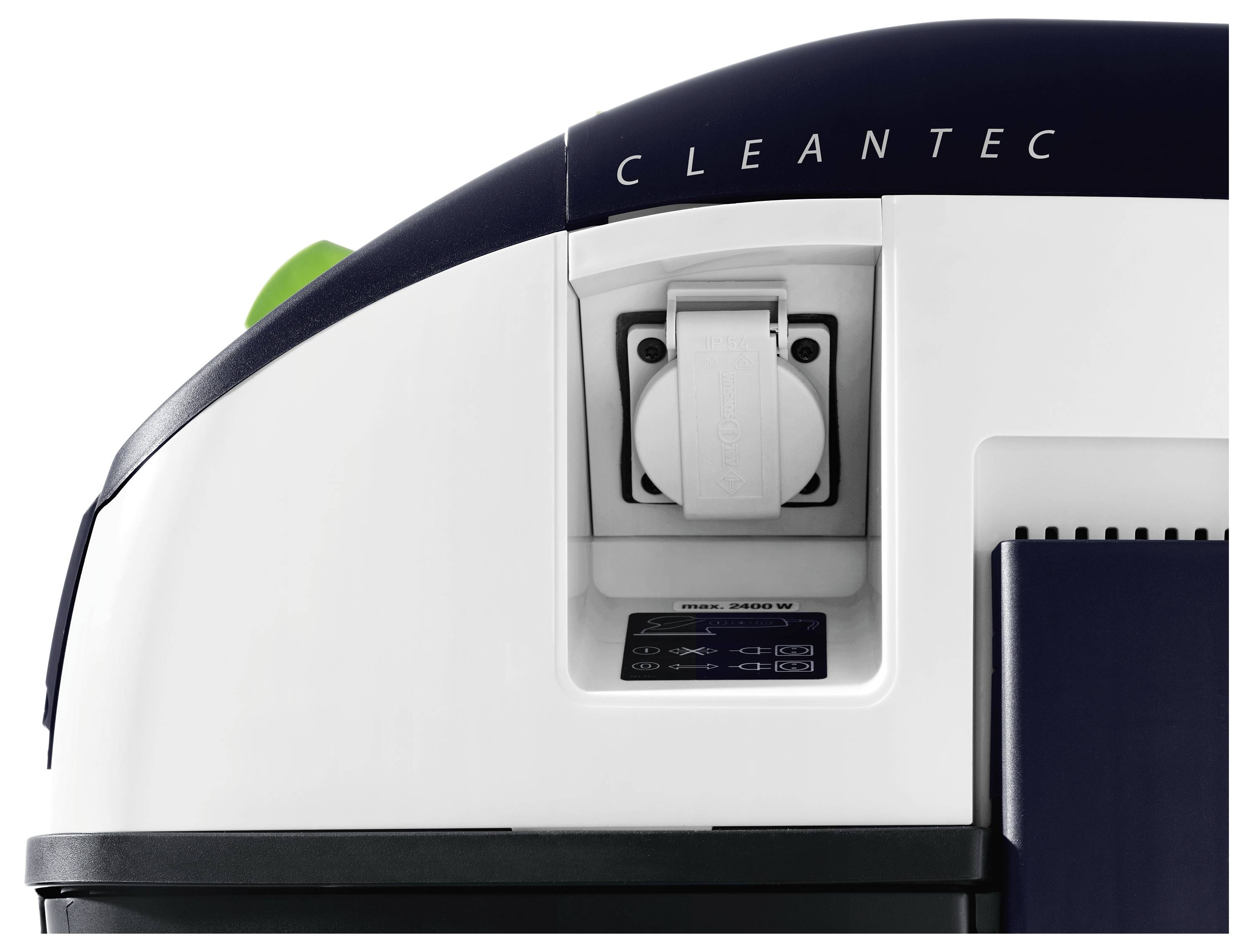 A 'Cleantec' márkájú töltőállomás portjának nagyított képe, amely egy fedéllel rendelkező aljzatot és alatta egy jelölt kezelőpanelt mutat, amely a töltési lehetőségeket jelzi.