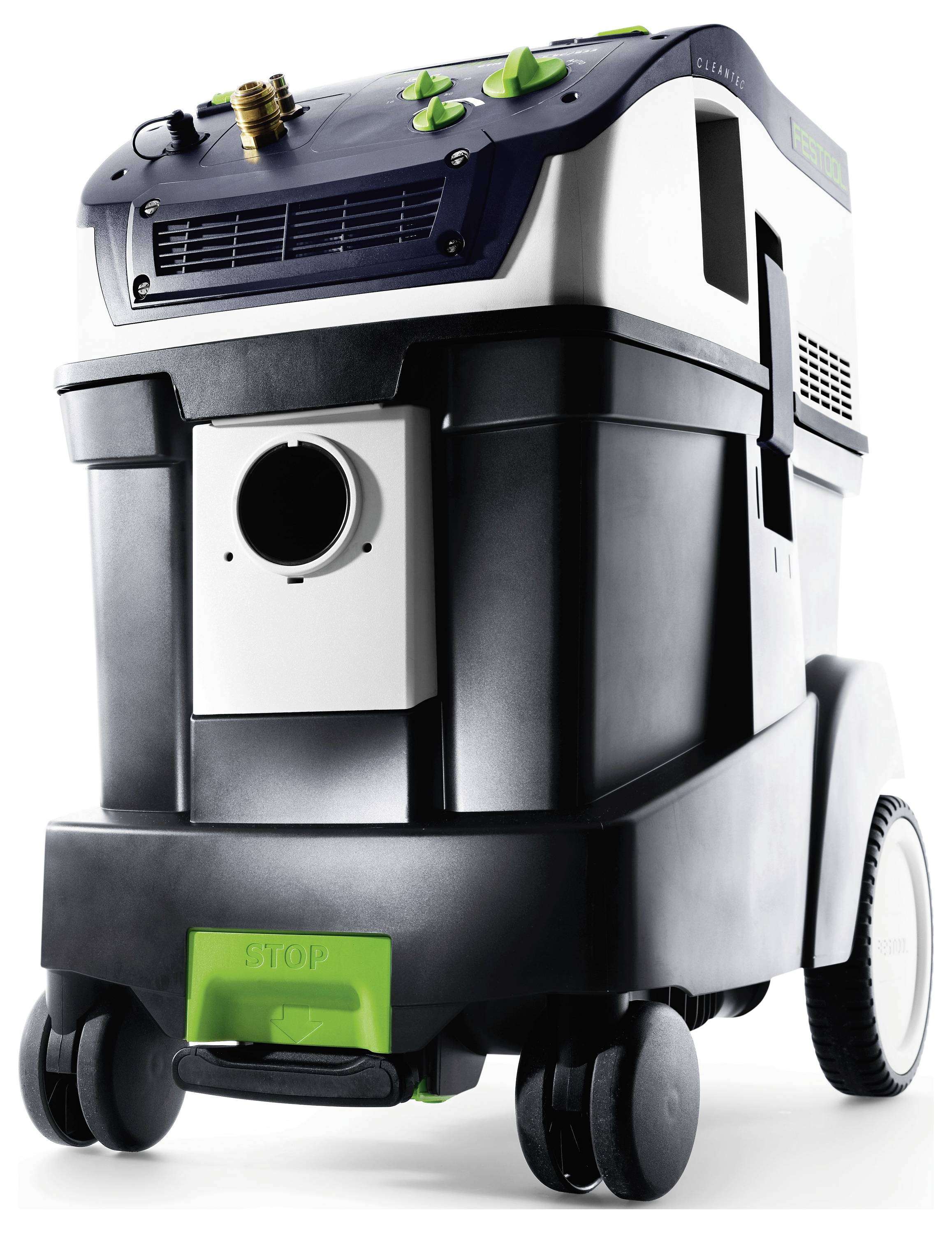 Fekete és szürke ipari porszívó zöld gombokkal és "STOP" felirattal, nehéz tisztítási feladatokra tervezve.