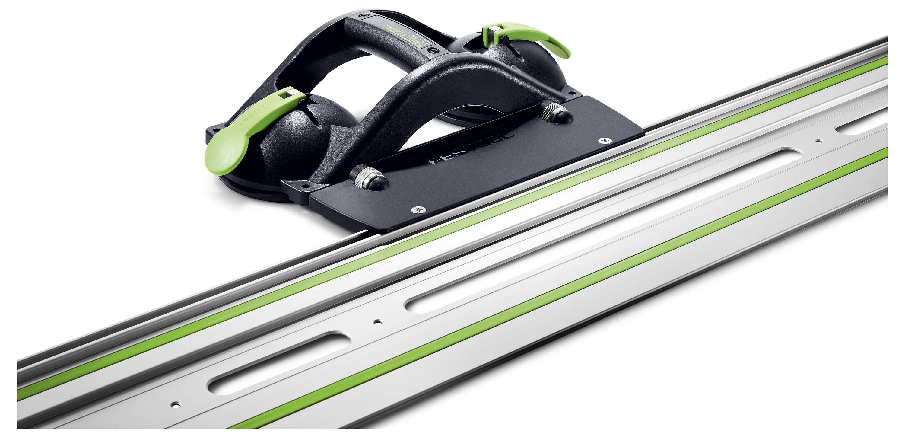 Fekete és zöld fogantyú, amely egy ezüst és zöld vezetősínhez van rögzítve, valószínűleg precíz vágáshoz vagy egy szerszám vezetéséhez használatos.