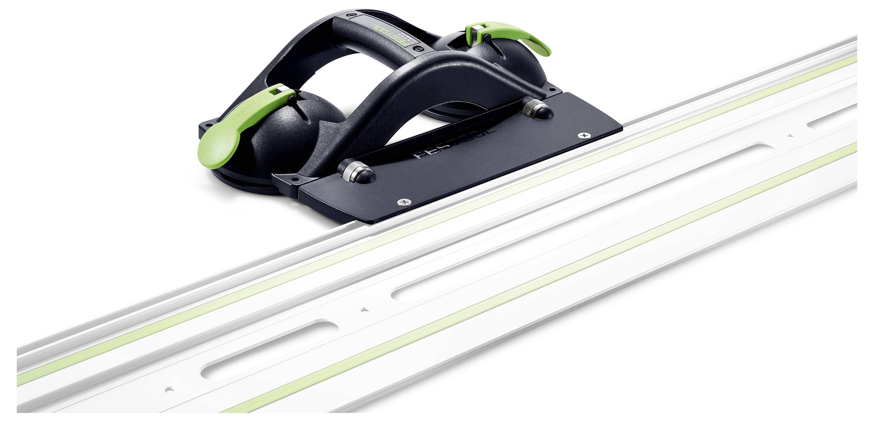 'Sínvezetős fűrészrendszer fogantyúval és zöld kiemelésekkel, amely anyagok precíz és egyenes vágásához használható.'
