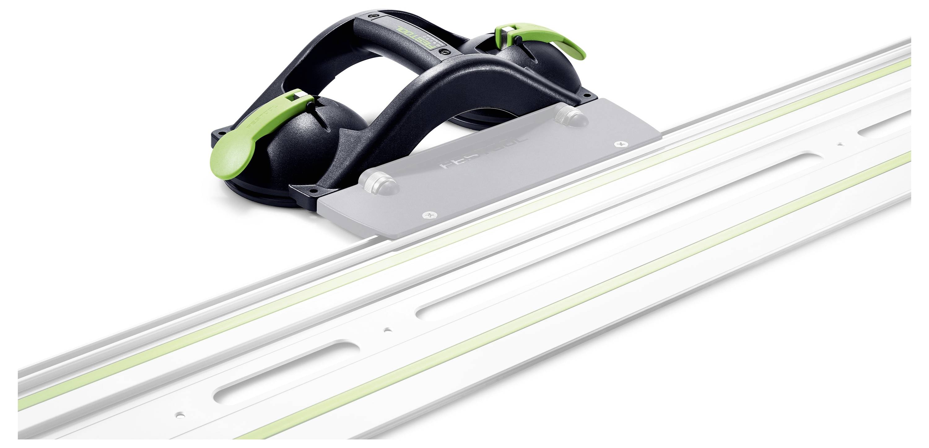 Egy kézi szerszám zöld fogantyúkkal egy fémsínen, amely pontos vágáshoz vagy méréshez használható.