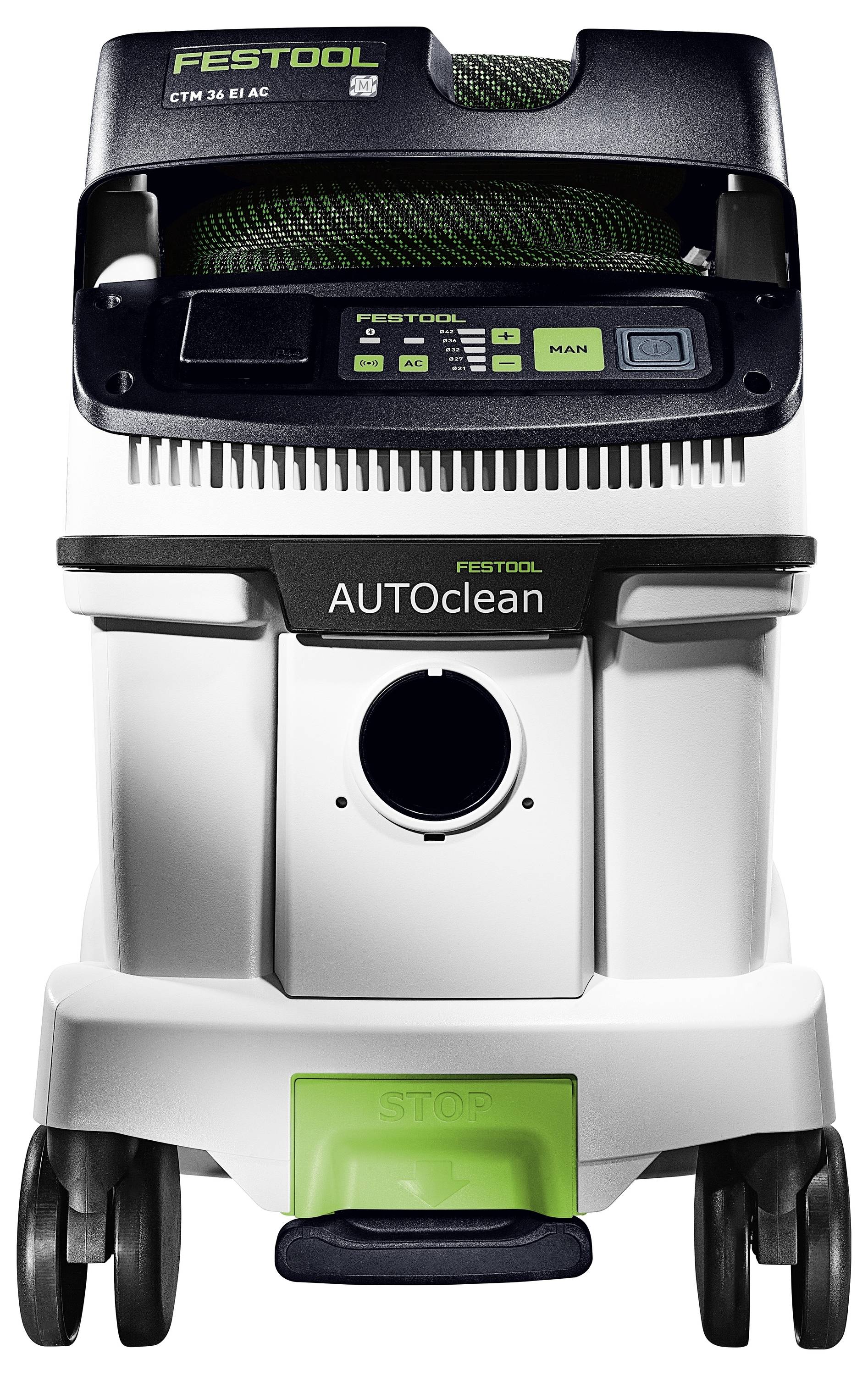 Festool porleporszívó zöld és fehér kialakítással, több vezérlőgombbal és kerekekkel a mozgathatósághoz.