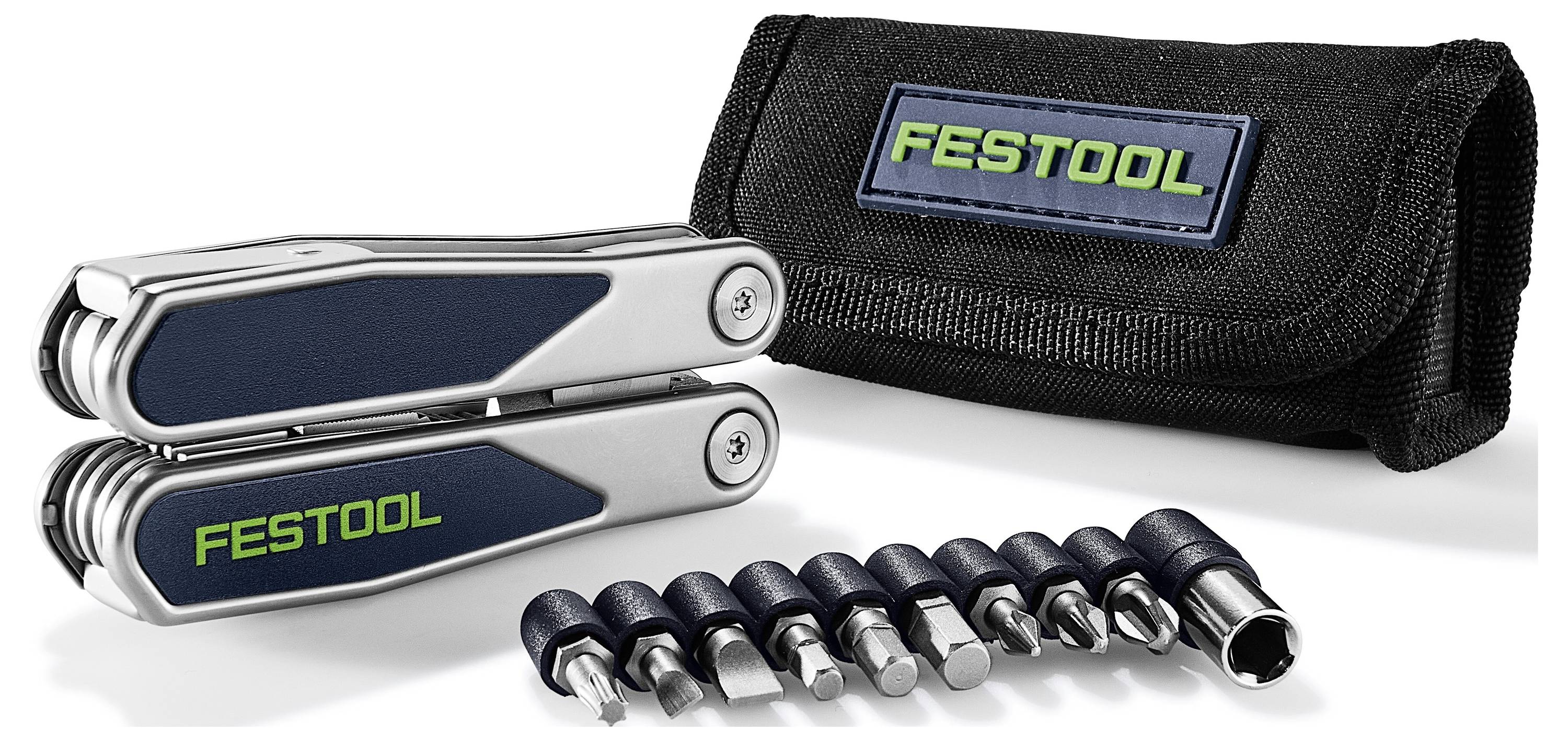 "Festool" többfunkciós szerszámkészlet cserélhető bitekkel és fekete hordtáskával.