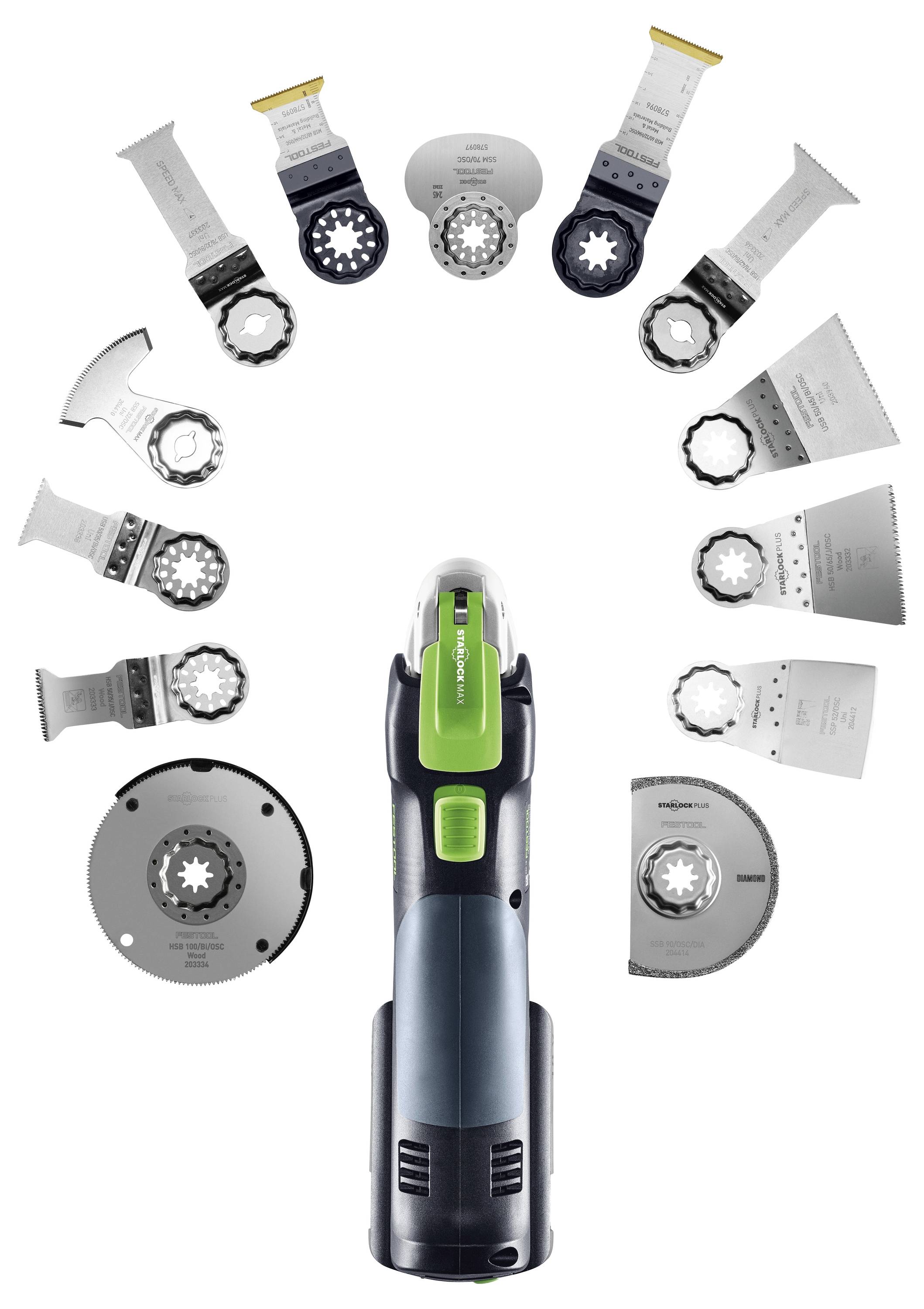 Egy oszcilláló multifunkciós szerszám, körülötte különféle pengék és kiegészítők, amelyek annak sokoldalúságát és funkcionalitását emelik ki.