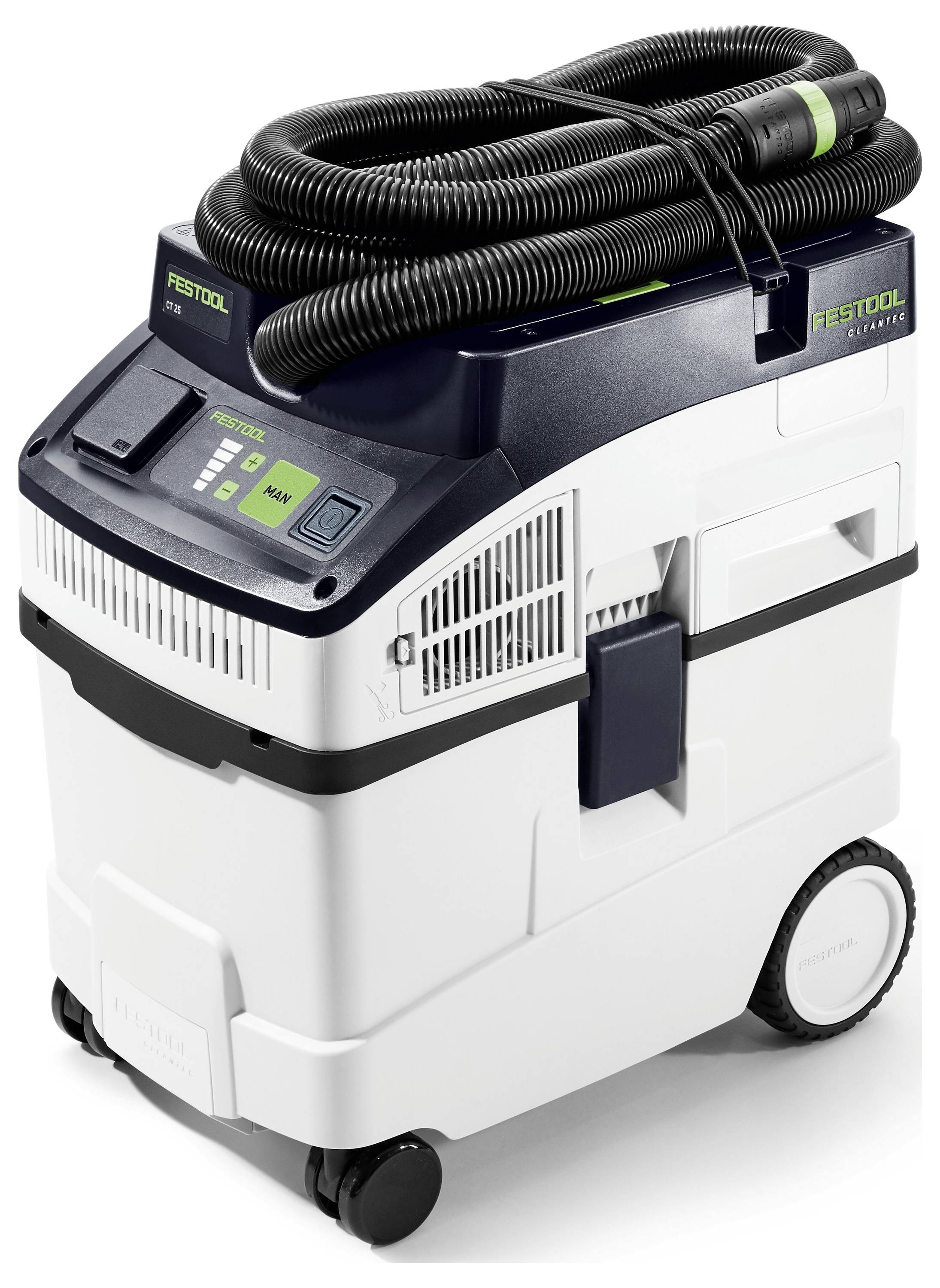 Hordozható műhelyporszívó kerekekkel és csatlakoztatott csővel, amely vezérlőpanellel rendelkezik gombokkal és szabályozógombokkal a különféle beállításokhoz.