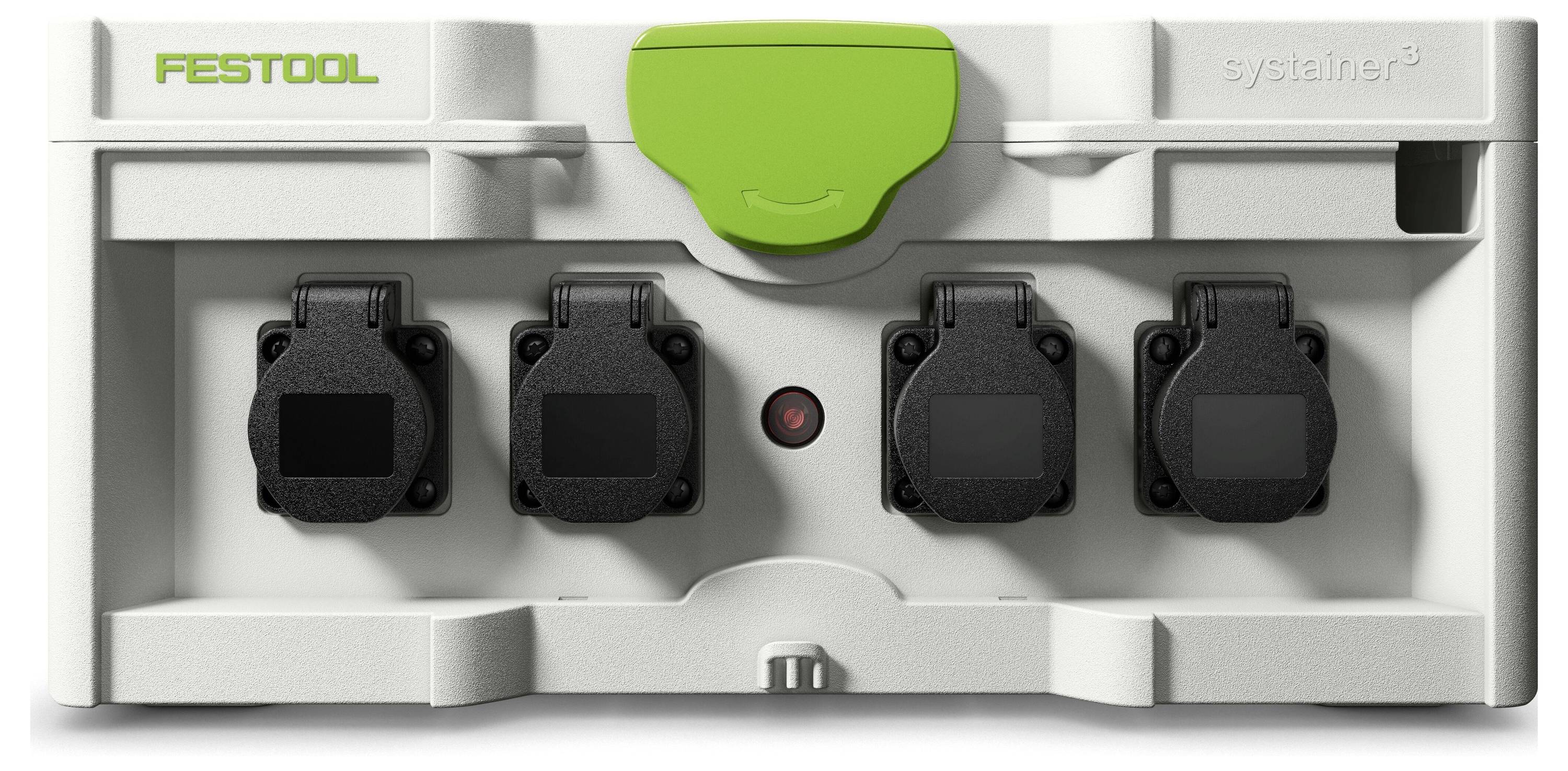 Egy Festool systainer3 töltőállomás négy fekete töltőporttal és egy zöld retesszel. A közepén egy piros jelzőlámpa látható.