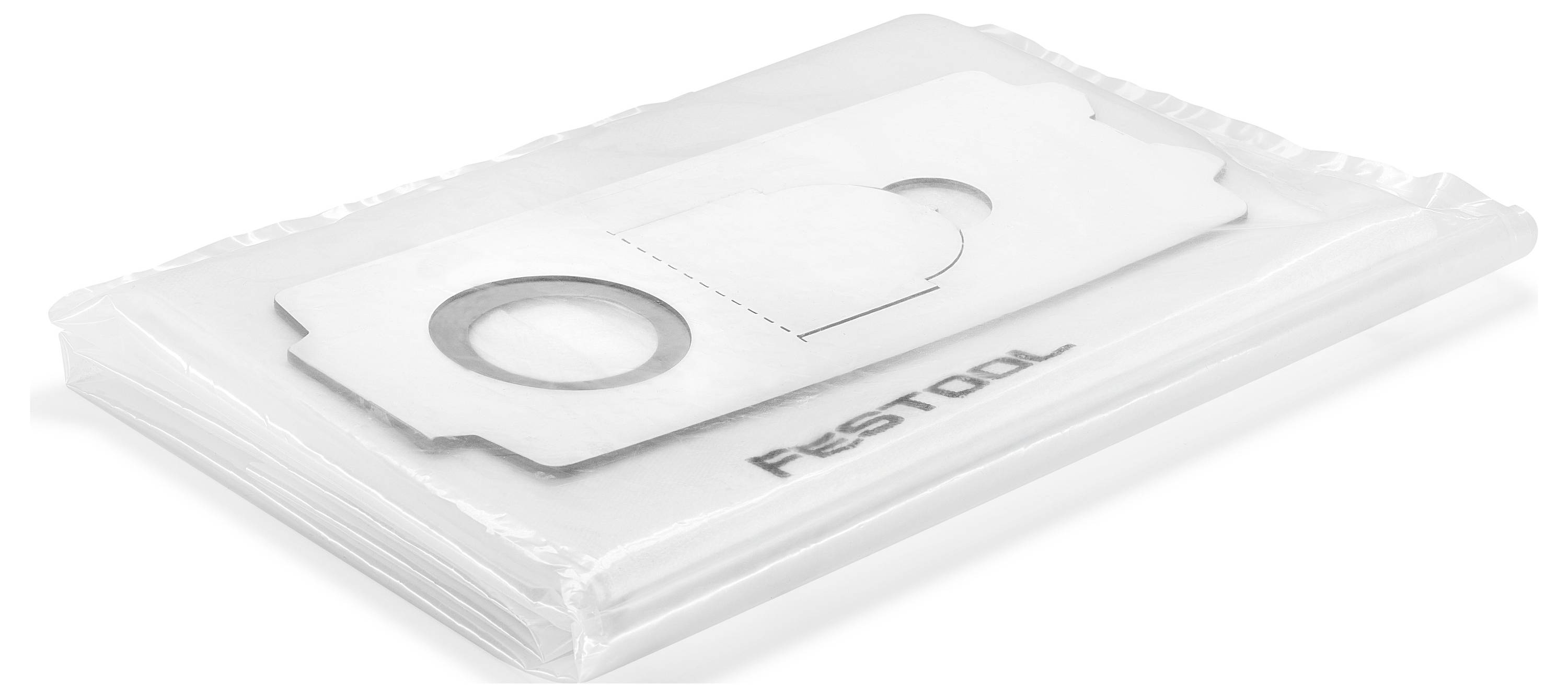 "Festool porszívó porzsákok" kartontaréjjal felülre helyezve, amelyen egy kör alakú kivágás látható, fehér háttéren elhelyezve.