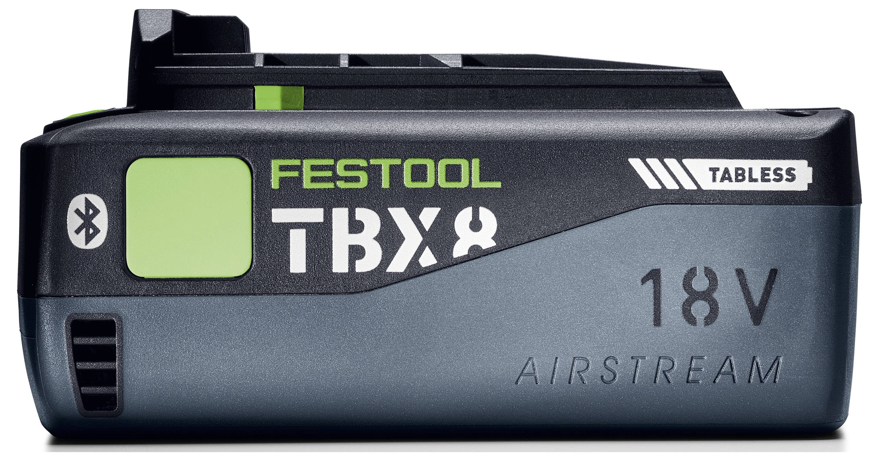 'Festool TBX8 18V Airstream' akkumulátor csomag, Bluetooth szimbólummal és 'Tabless' felirattal, amely fejlett kapcsolódási lehetőséget jelez.