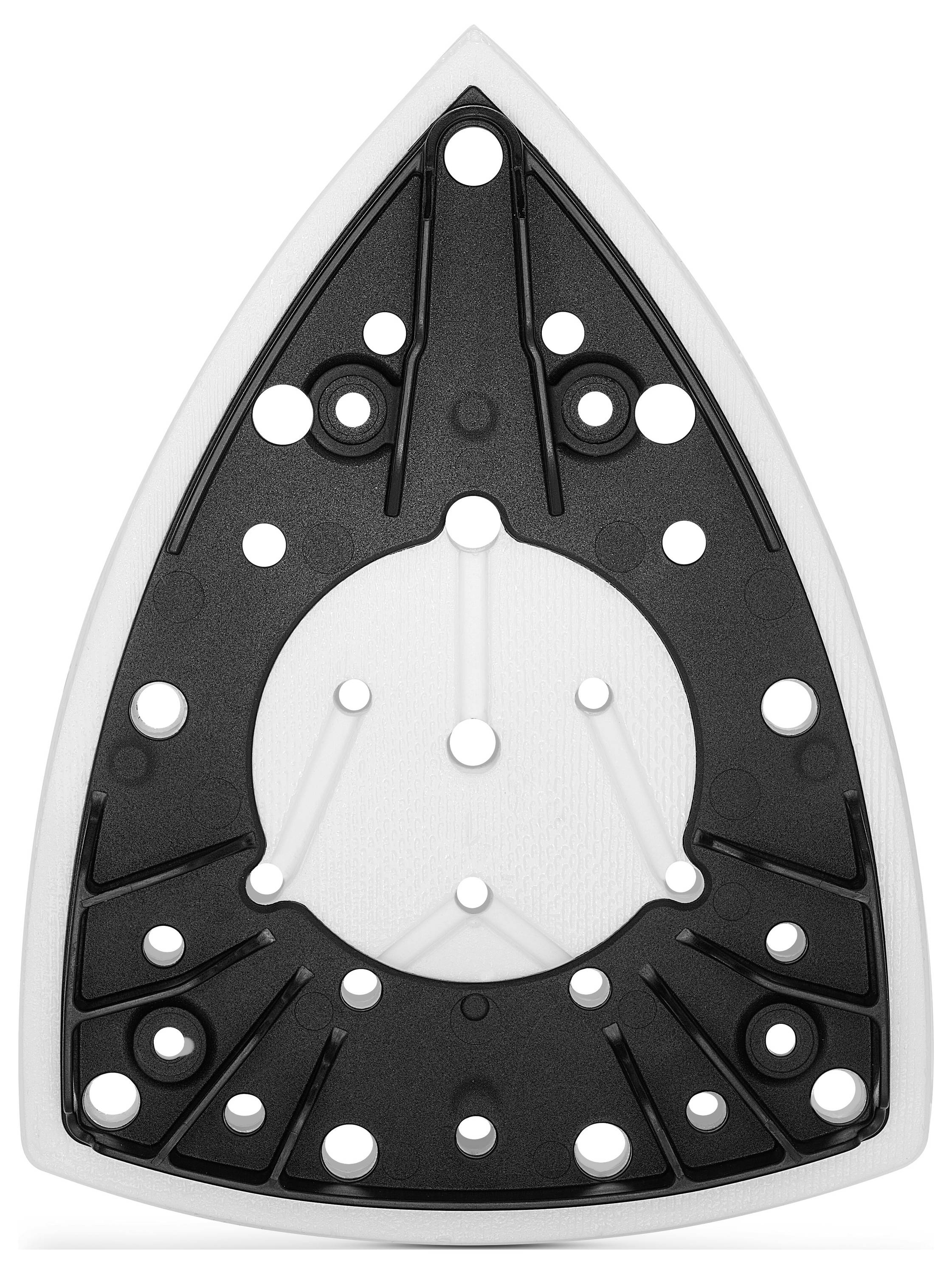 Háromszögletű fekete vas talplemez több szimmetrikusan elrendezett kör alakú szellőzőnyílással, fehér háttéren elhelyezve.