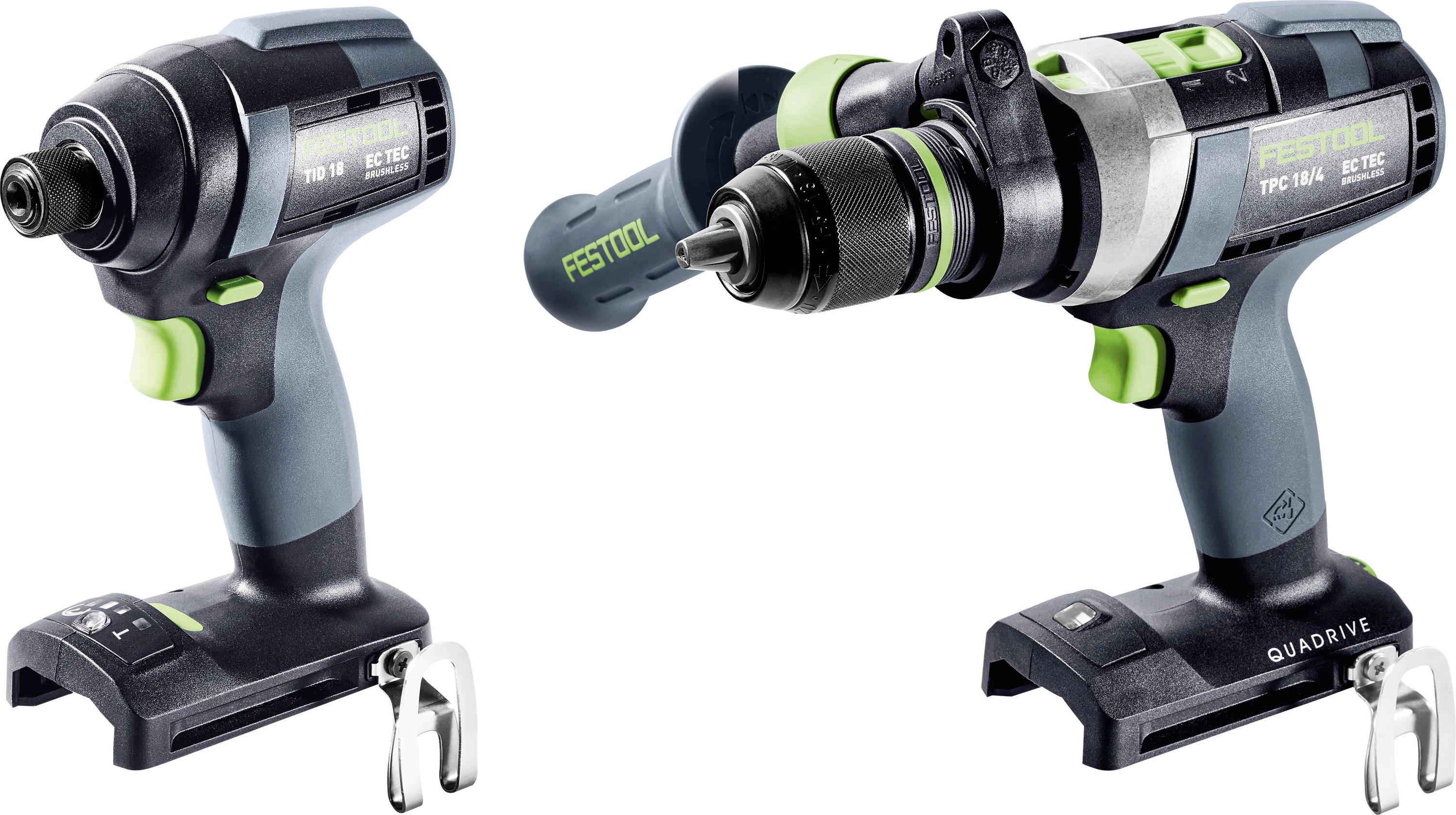 Két Festool elektromos szerszám, egy ütvecsavarozó és egy fúrógép, ergonomikus kialakítással és lime zöld kiemelésekkel jelenik meg.