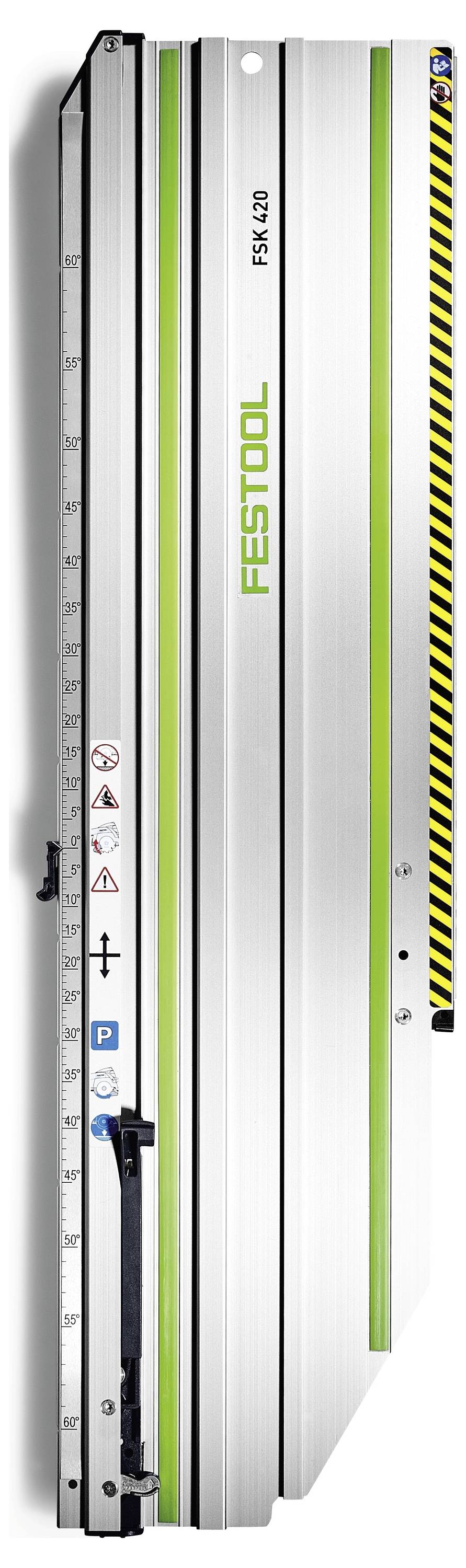 A Festool FS-KP vezetősín mérési jelölésekkel és zöld kiemelésekkel, pontos vágásvezérléshez tervezve, függőlegesen bemutatva.