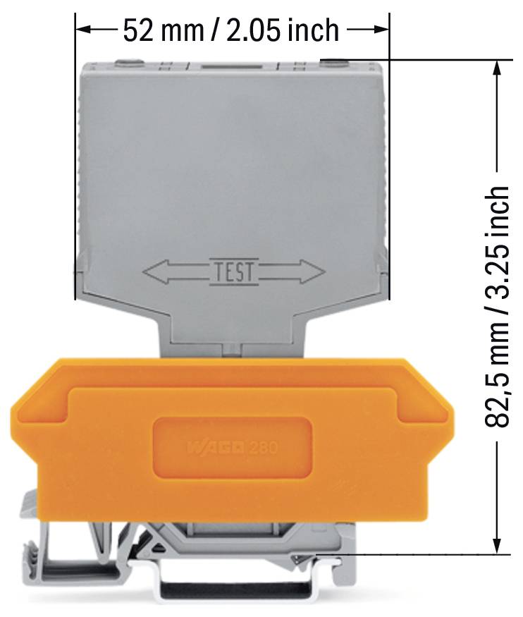 "Biztosítékadapter" jelöléssel, amelynek méretei: 52 mm/2,05 hüvelyk széles és 82,5 mm/3,25 hüvelyk magas. A test szürke, az alap narancssárga.