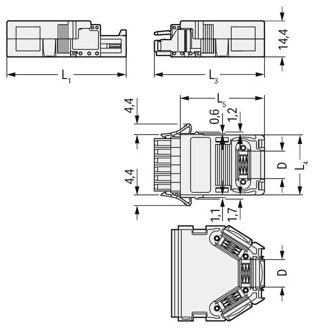 # Technikai diagram az összekötő méreteit mutatva, beleértve a jelölt szélességeket, hosszúságokat és magasságokat, az egyes szakaszok milliméteres méréseivel.
