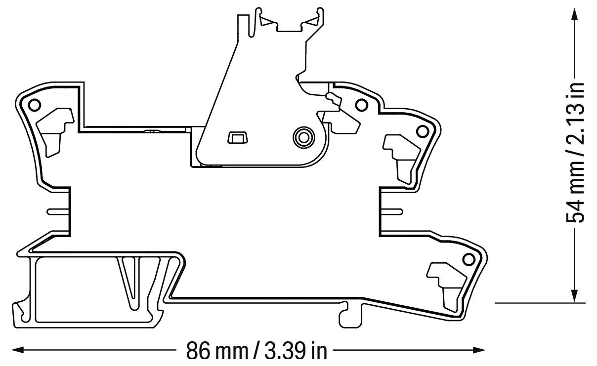 'Egy eszköz műszaki rajza, amely a következő méreteket mutatja: 86 mm (3,39 hüvelyk) széles és 54 mm (2,13 hüvelyk) magas.'