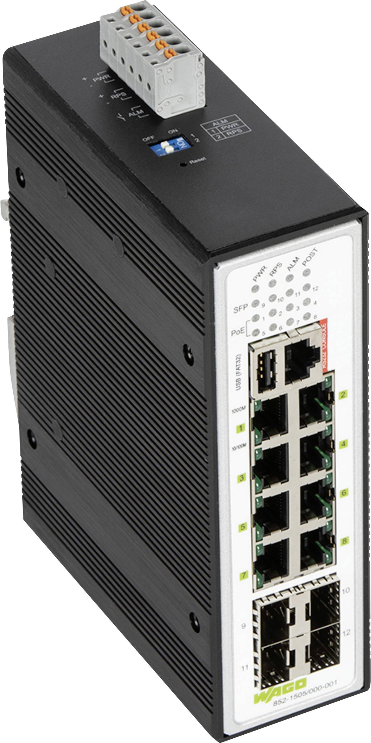 Egy ipari Ethernet kapcsoló nyolc RJ-45 porttal és két SFP modul nyílással.