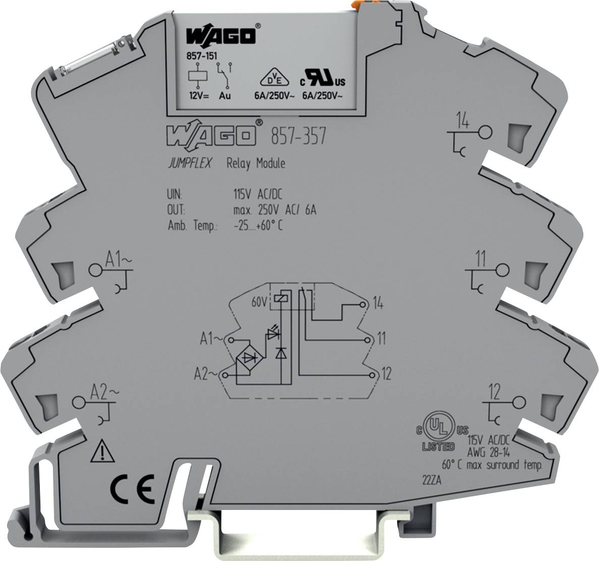 Egy szürke WAGO JUMPFLEX 857-357 relé modul látható, különféle csatlakozási szimbólumokkal és specifikációkkal, mint például a "115V AC/DC" és a "max 250V AC 6A".