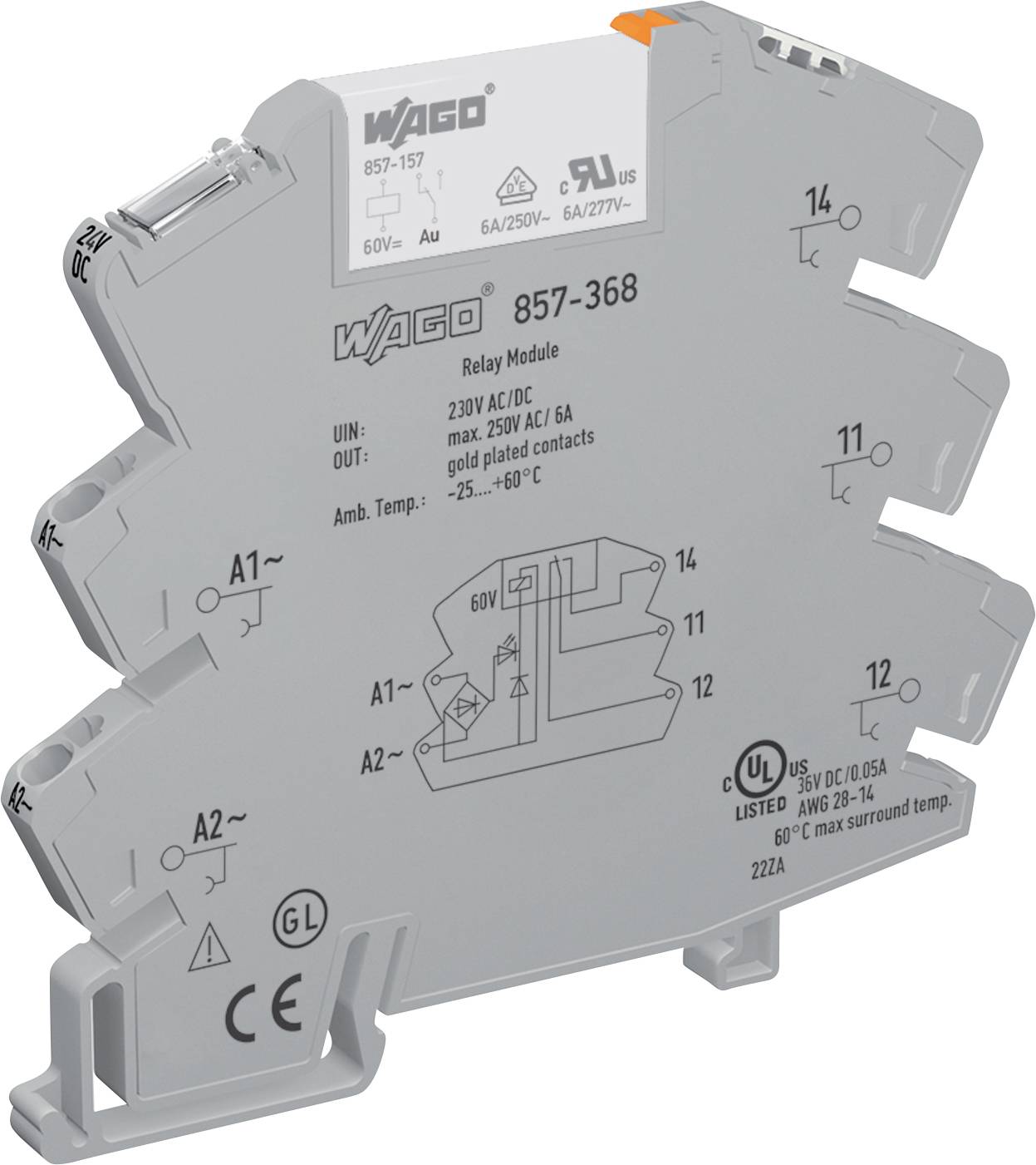 'Szürke WAGO relemodul, 857-368-as modell, 230V AC/DC megjelöléssel, 250V AC/6A, aranyozott kontaktusokkal, különféle tanúsítási szimbólumokkal.'