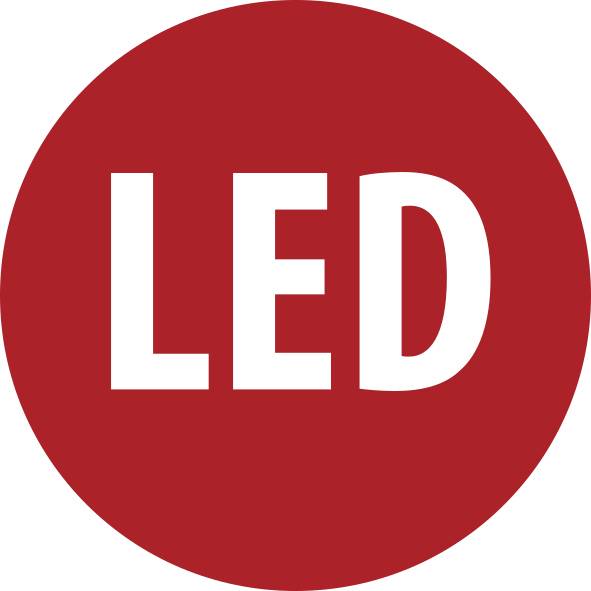 Piros kör félkövér fehér szöveggel "LED" a közepén.