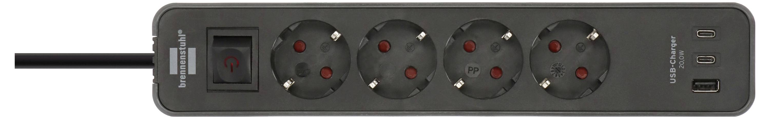 Egy elosztó négy kerek európai csatlakozóhellyel, egy főkapcsolóval és két USB töltőporttal az oldalán.