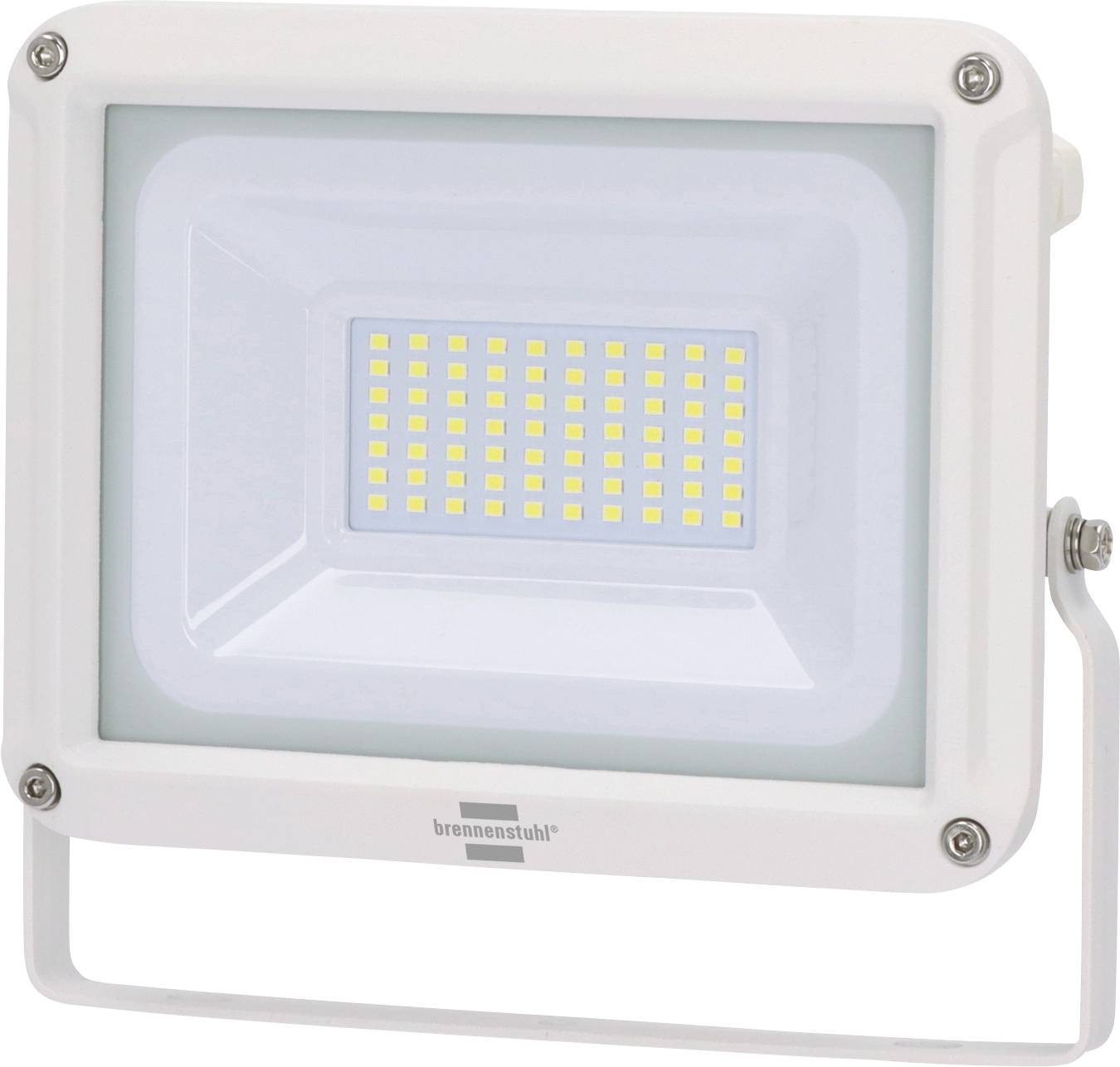 Fehér LED reflektor téglalap alakú üvegelőlappal és fém szerelési konzollal fehér háttéren.