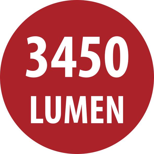 Piros kör alakú címke, amely fehér betűkkel "3450 LUMEN" szöveget mutat.
