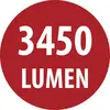 Piros kör alakú címke, amely fehér betűkkel "3450 LUMEN" szöveget mutat.
