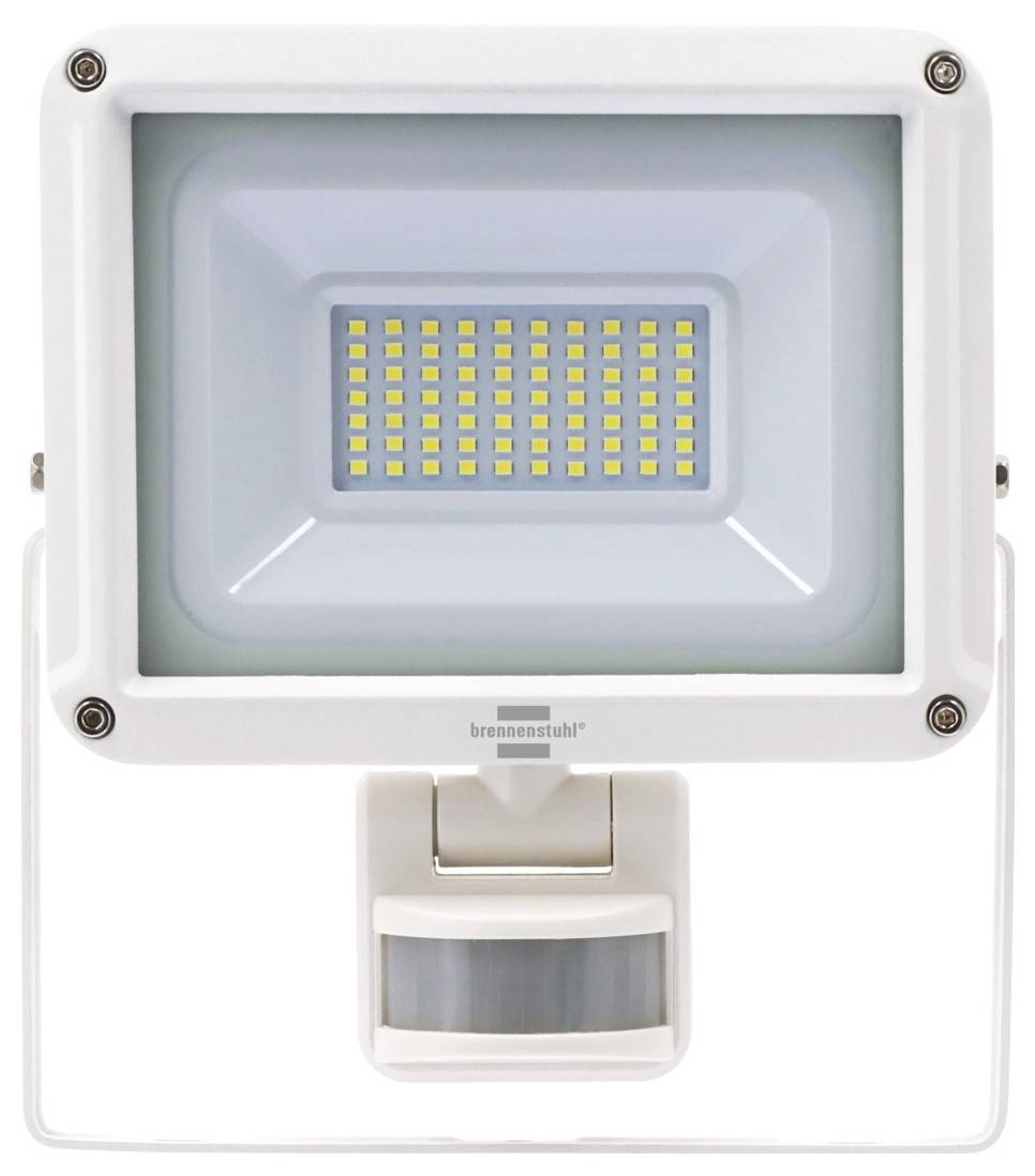 Egy fehér LED reflektorfény, amely kis sárga égők rácsából áll, konzolra szerelve.