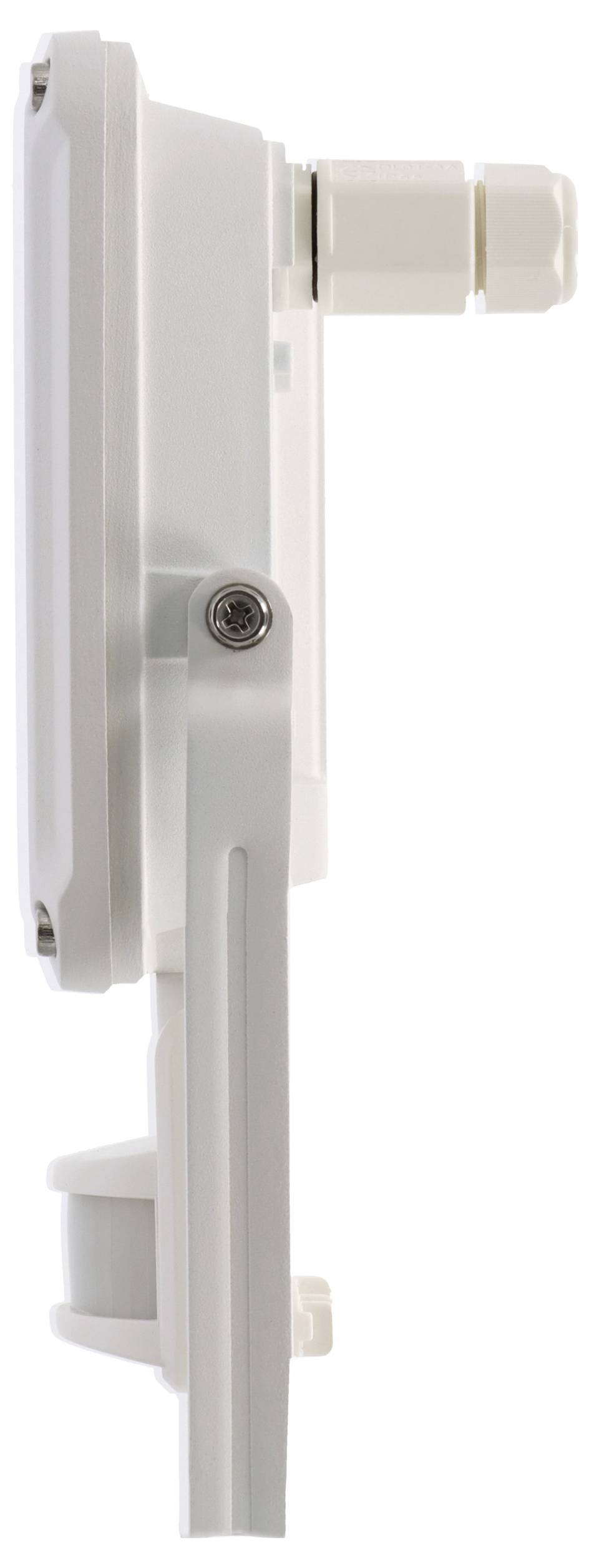 Fehér, téglalap alakú kültéri mozgásérzékelő oldalnézete, amely megjeleníti a rögzítési konzolját és a csatlakozási portját.