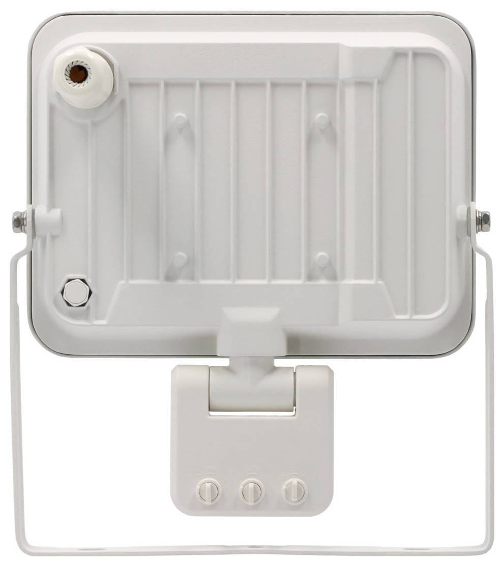 Fehér téglalap alakú kültéri reflektor állítható konzollal, alulról három látható csavarral és felül baloldalt vezetékbevezető nyílással.