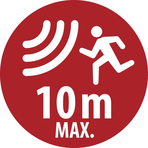 Piros kerek figyelmeztető tábla, amely egy futó személyt és hanghullám ikont ábrázol, „10m MAX." felirattal, amely 10 méteres maximális távolságot jelöl.