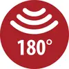 Piros kör alakú ikon három fehér ívelt hullámvonallal a "180°" szöveg felett.