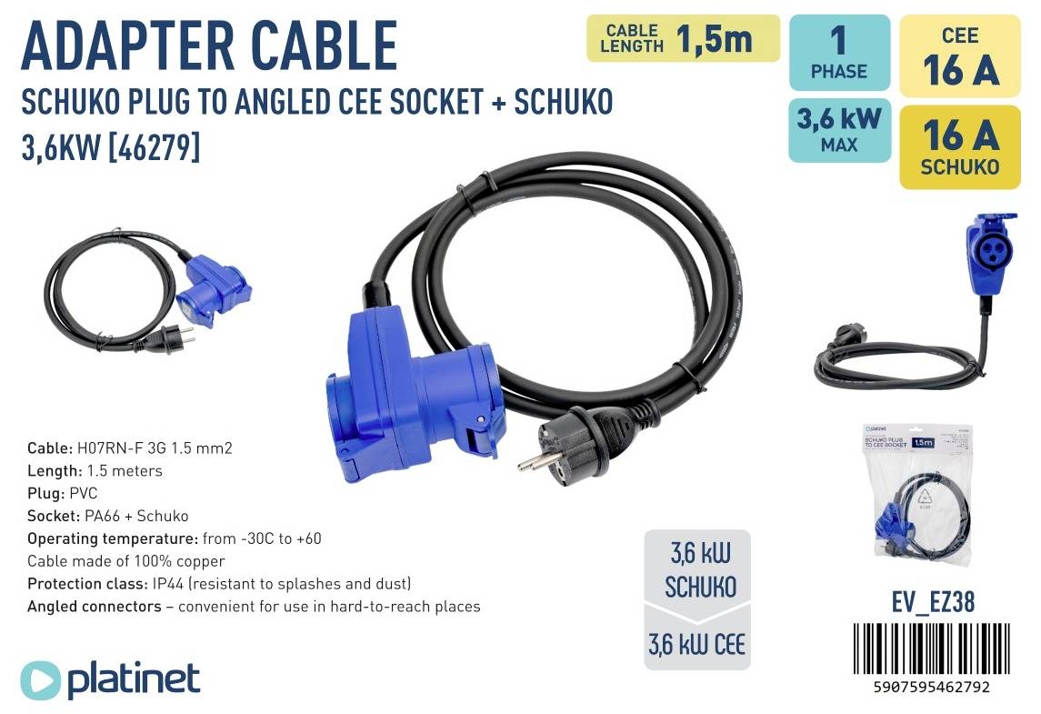 Platinet 46279 EV_EZ38 CEE adapterkábel 16 A 230 V 1 db-1