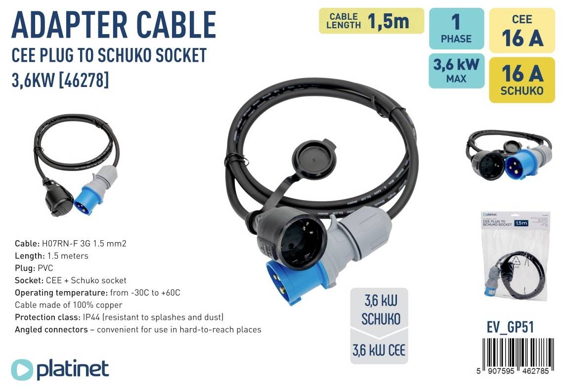 Platinet 46278 EV_GP51 CEE adapterkábel 16 A 230 V 1 db-1