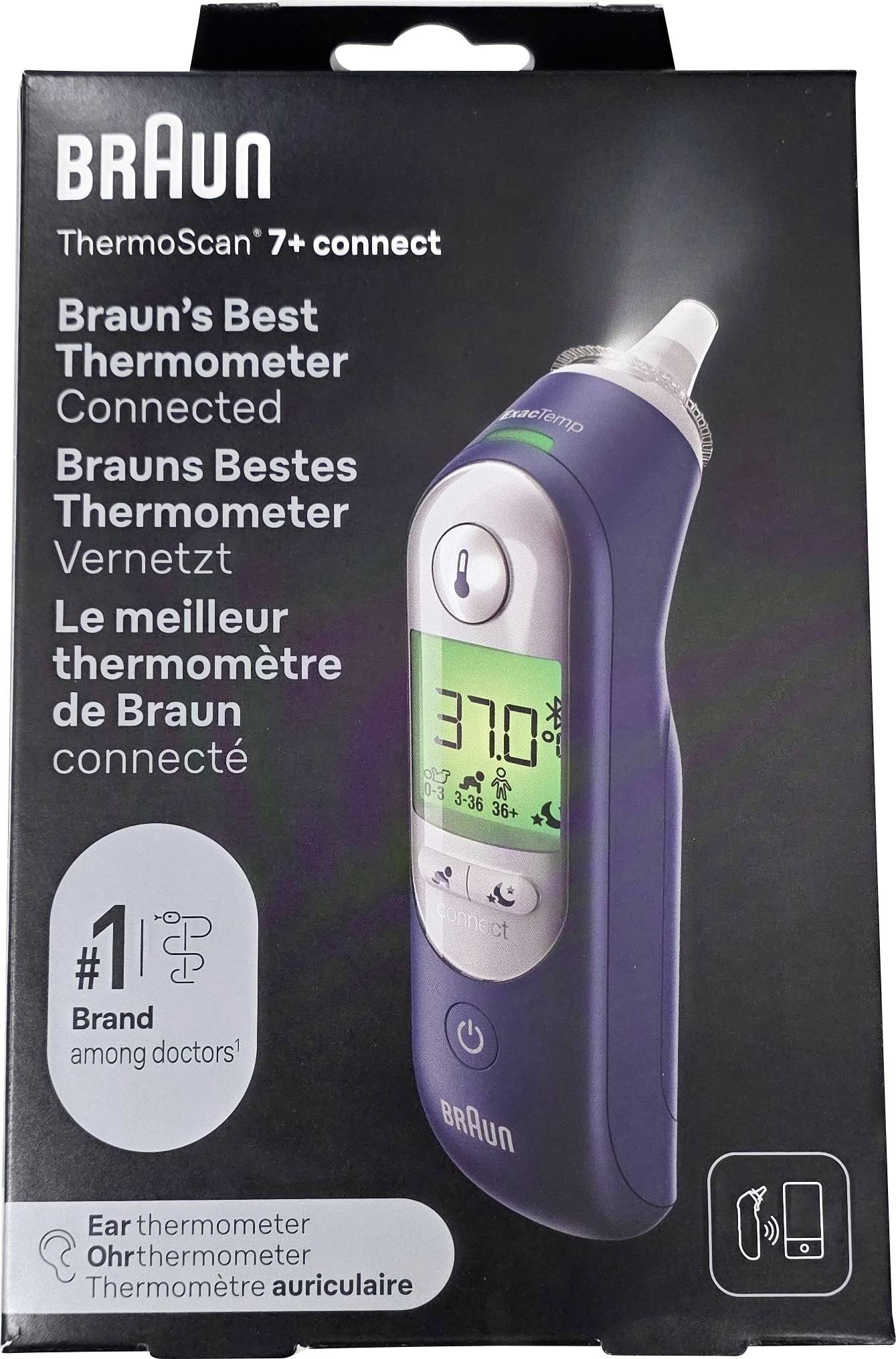 Egy Braun ThermoScan 7+ Connect fültermométer csomag, amely az eszközt mutatja 37,0-t jelző kijelzővel. A Braun legjobb csatlakoztatott termométereként jelölve.