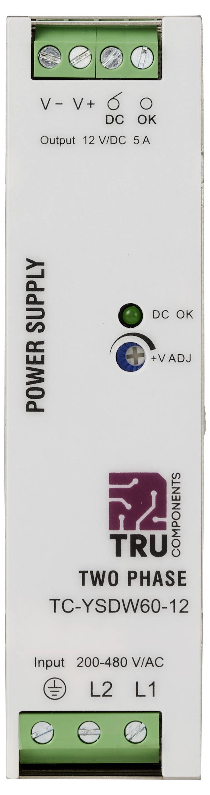 A TRU Components kétfázisú tápegység frontoldali nézete, TC-YSDW60-12 jelöléssel, 12 VDC 5 A kimenettel, DC OK indikátorral és +V állítócsavar klemáriával.