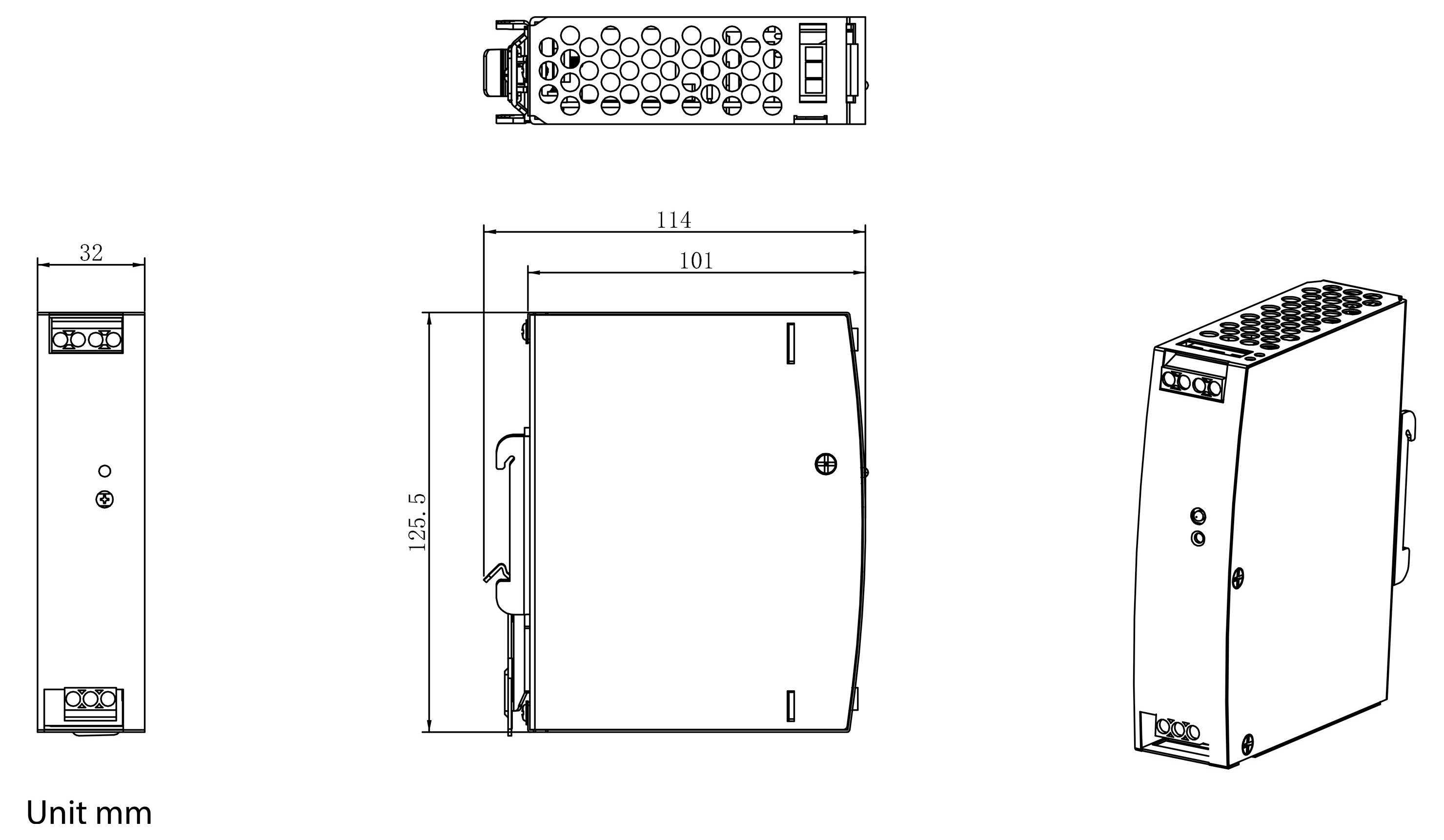 Egy téglalap alakú eszközdoboz technikai rajza elöl-, oldal-, felül- és izometrikus nézetekkel, milliméterben jelölt méretekkel, 114 x 125,5 x 32 mm méretekkel.