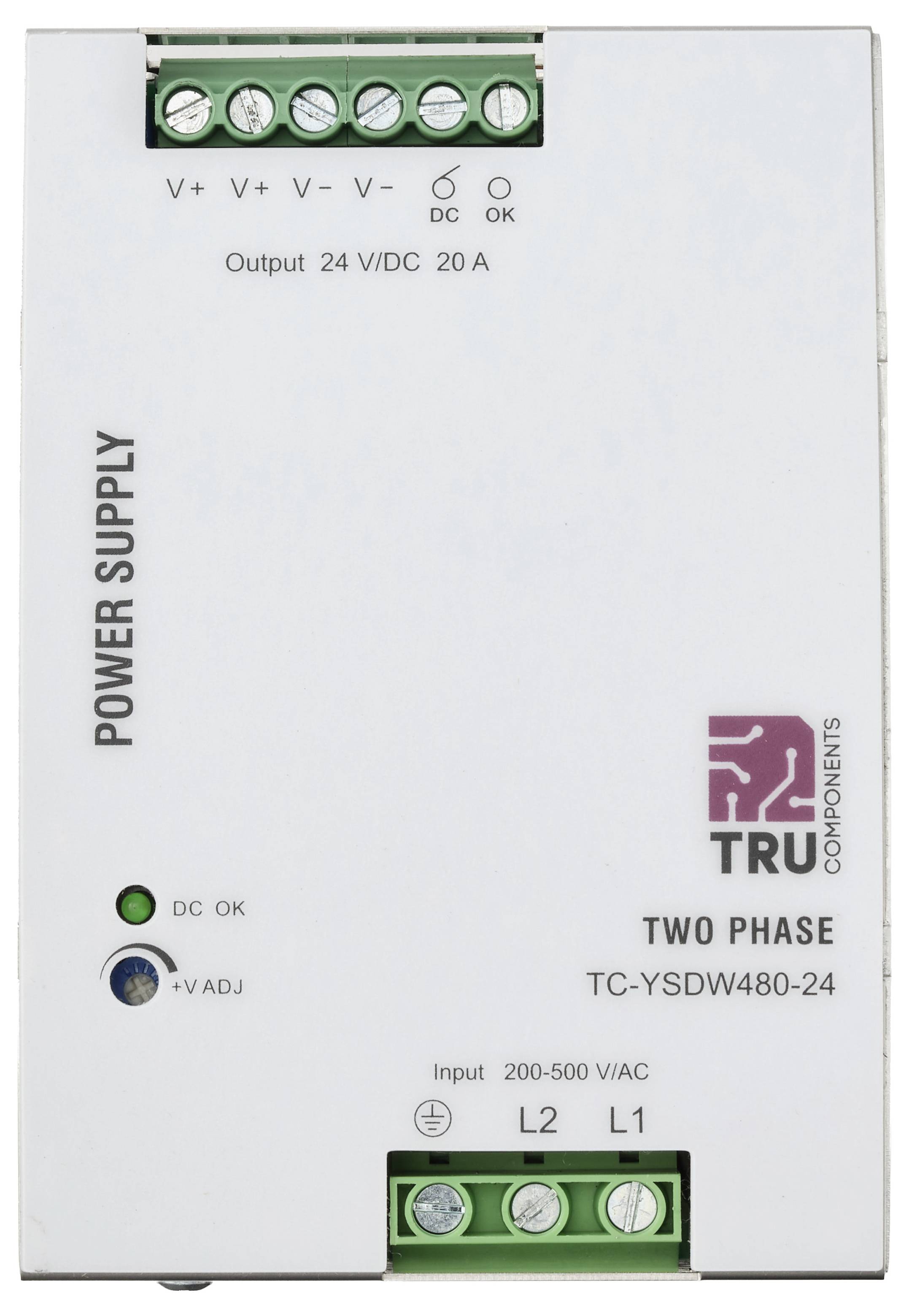 A TRU Components kétfázisú tápegység fotója, amely „Output 24 V/DC 20 A" és „Input 200-500 V/AC" felirattal rendelkezik, valamint csatlakozókapocsokkal és állapotjelző lámákkal.