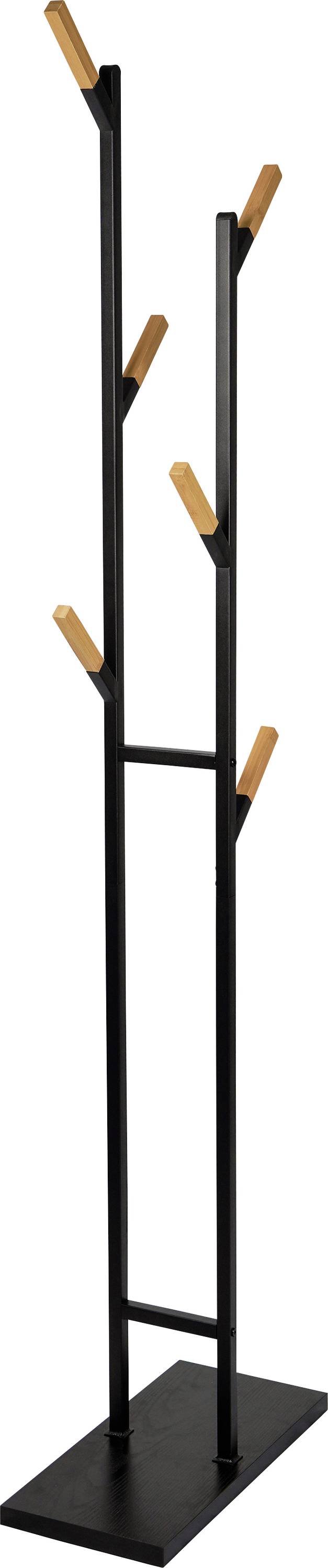 Fekete fém kabáttartó minimalist designnal, amely öt szögben elhelyezett fa kampóból áll, és stabil alapozáson nyugszik.