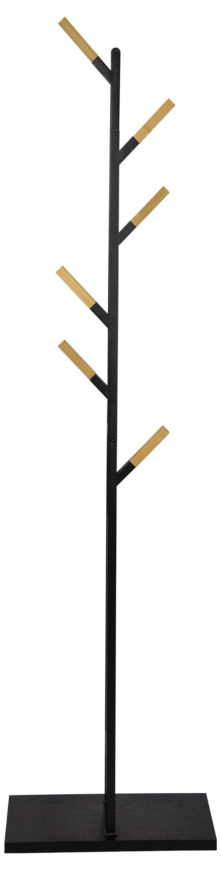'Egy álló ruhaakasztó fekete fém rudakkal és fa hákokkal, minimalistikus, fa szerű szerkezetben készült, téglalap alakú alapon.'