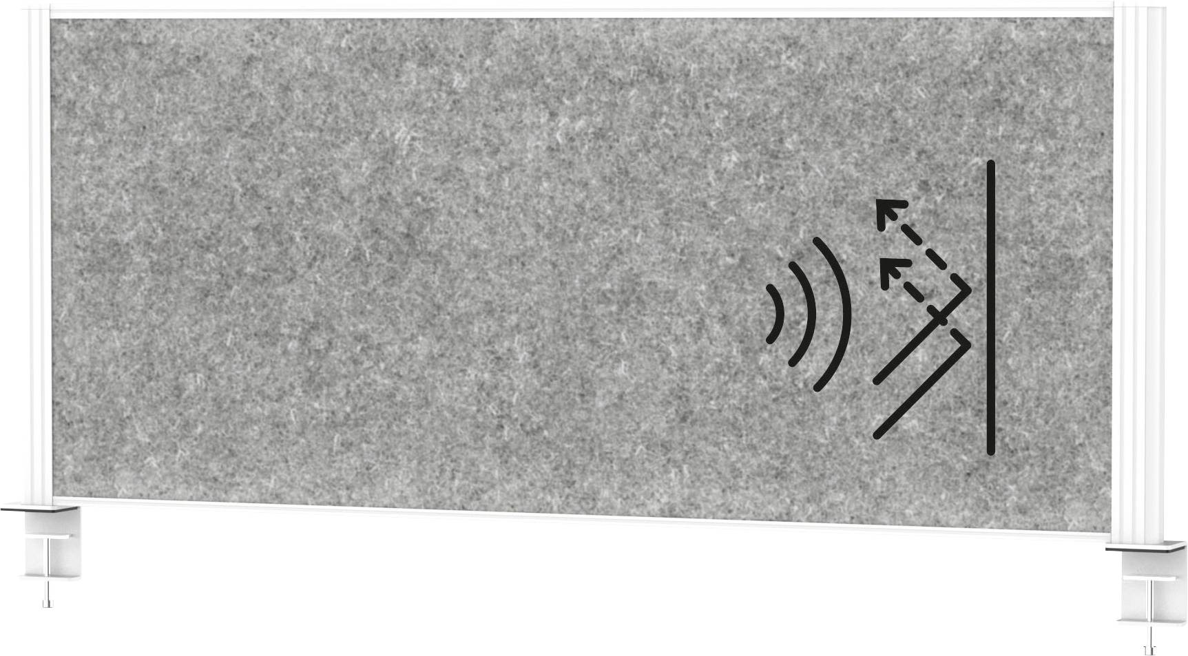 Egy szürke panel hanghullám szimbólumokkal és nyíllal, amely hangszigetelést sugall, egy keret által támasztva, amely mindkét végén kis lábakkal rendelkezik.