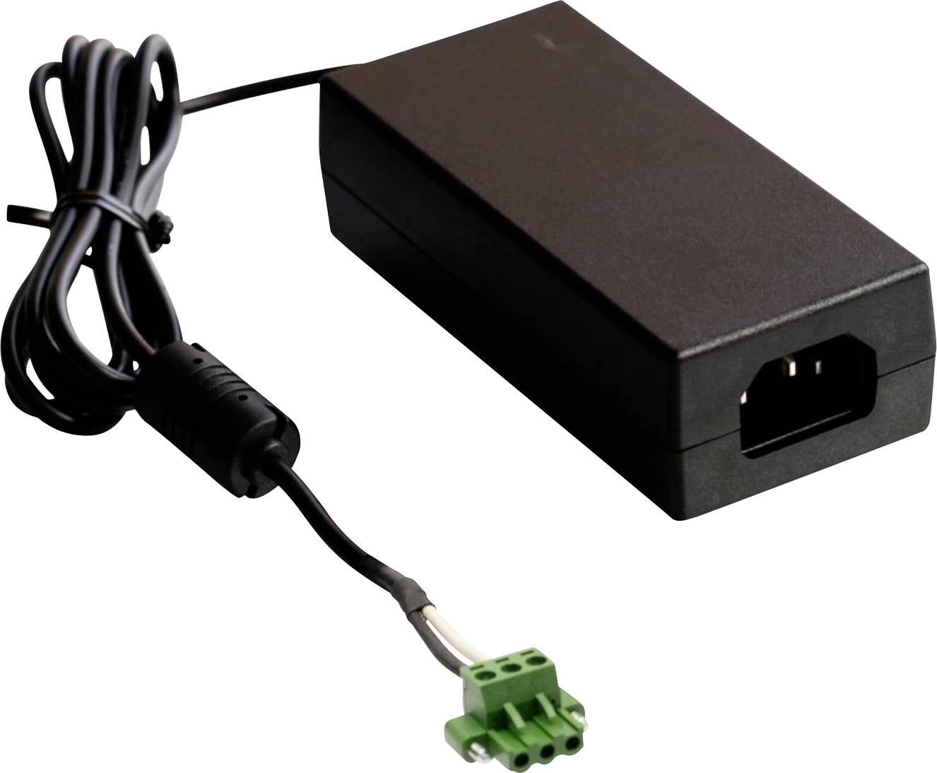 Egy fekete tápegység adapter zöld háromcsapos csatlakozóval és kábellel.