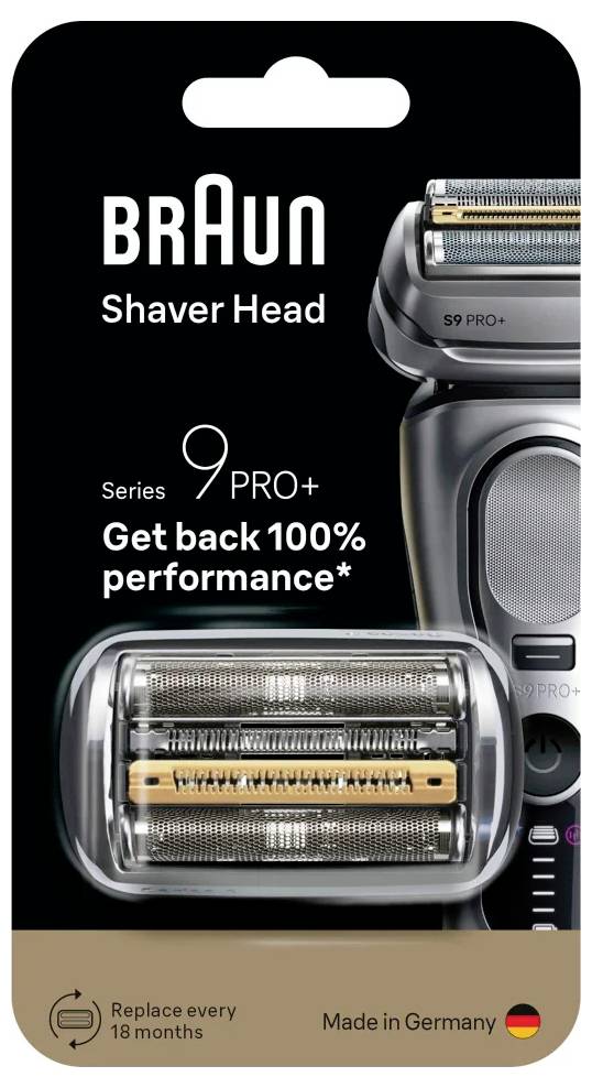 'Braun Shaver Head Series 9 PRO+' csomagolás az alábbi szöveggel: 'Visszaszerezze a 100% teljesítményt*' és 'Cserélje ki 18 havonként'. Németországban gyártott.