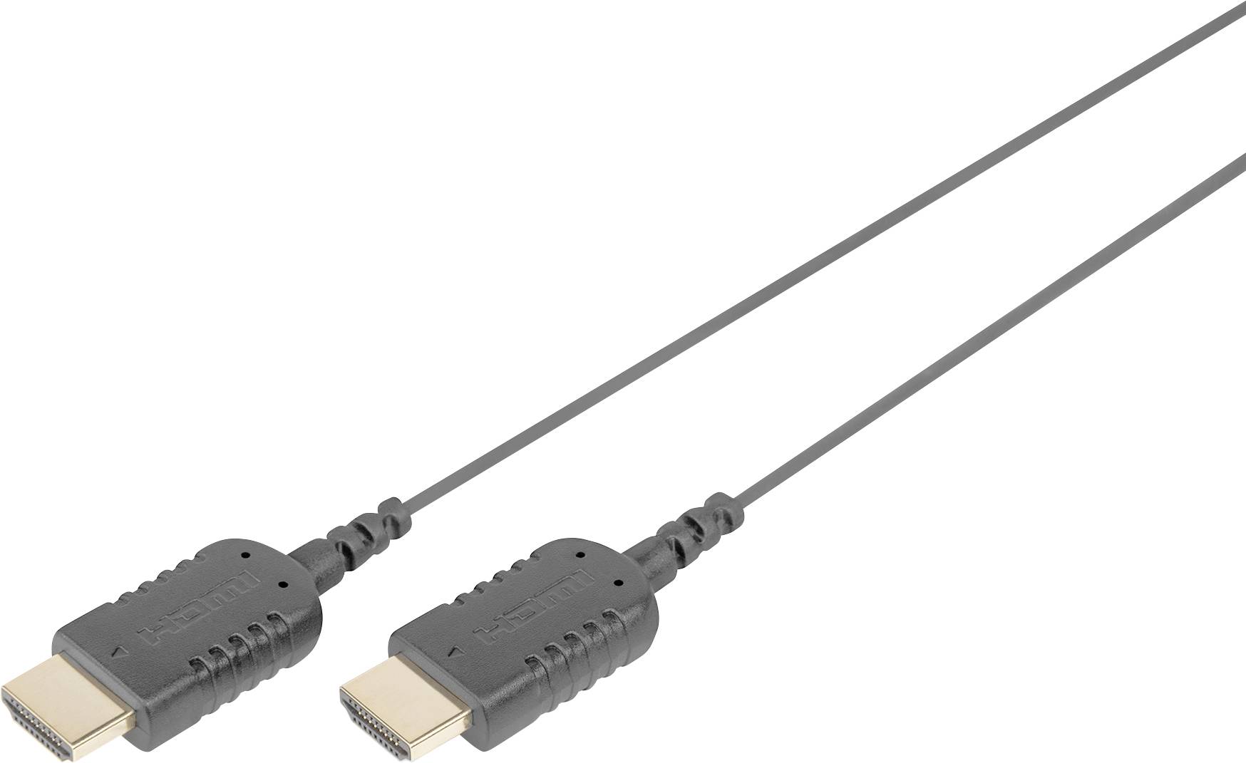 Két fekete HDMI kábel aranyozott csatlakozókkal fekszenek párhuzamosan, megmutatva vékony, rugalmas kialakításukat, amely alkalmas a nagy felbontású audio- és videótovábbításhoz.
