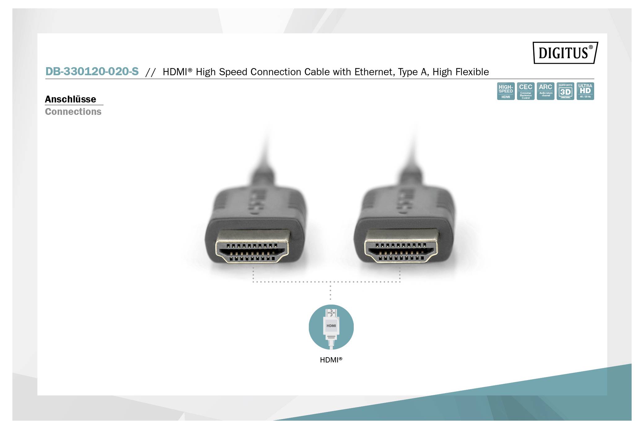 'Két HDMI-csatlakozó képe az alatta lévő „HDMI" felirattal. Nagy sebességű csatlakozási képességeket jelez Ethernet-tel, A típus.'
