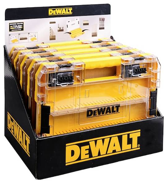 DeWalt szerszámdobozok halmozott kiállítása egy márkajelzett, fekete és sárga kiállítási állványon, amely az organizációs és tárolási lehetőségeket mutatja be.