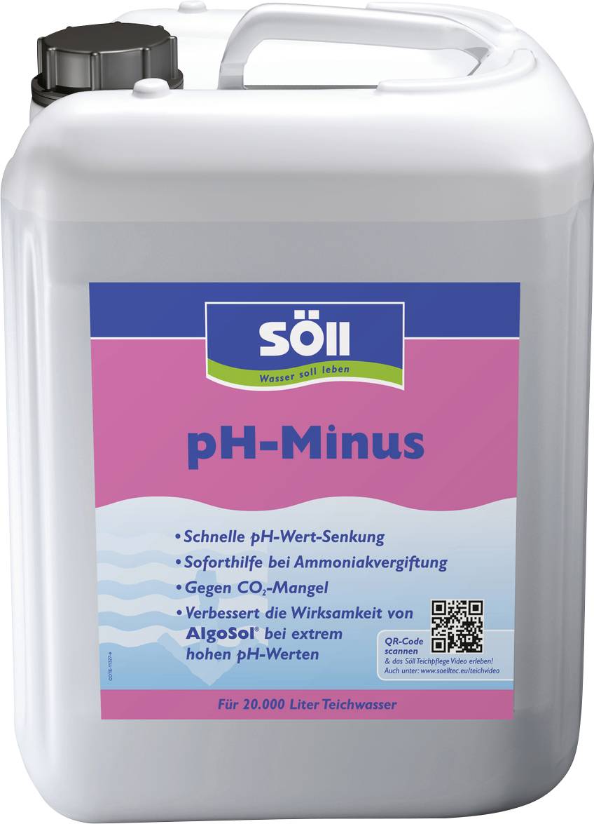 Söll "pH-Minus" készítmény fehér műanyag kannája, amelyen a gyors pH-csökkentésre és az ammónia-mérgezés valamint a CO2-hiány kezelésére vonatkozó felirat található.